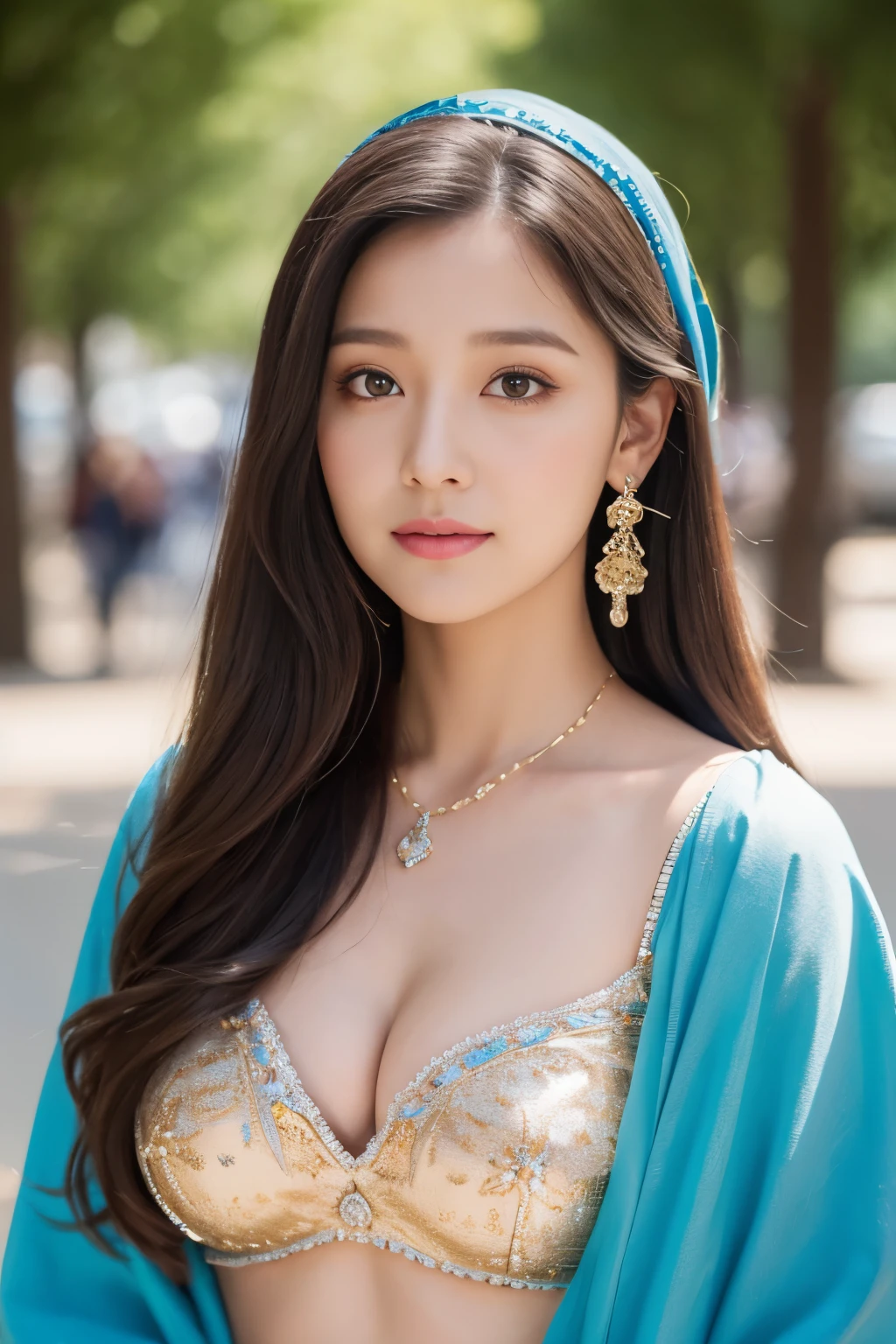 colorful, sky, flowers, magical, fantasy, tale, top-quality,Beautiful detailed hijabi,Bewitching face,tzuyu iu yooa ,long lashes,Wearing a colorful bellydancer,Detailed details,Colossal ,With cleavage, underboob, sideboob,stares at the camera, hogwarts