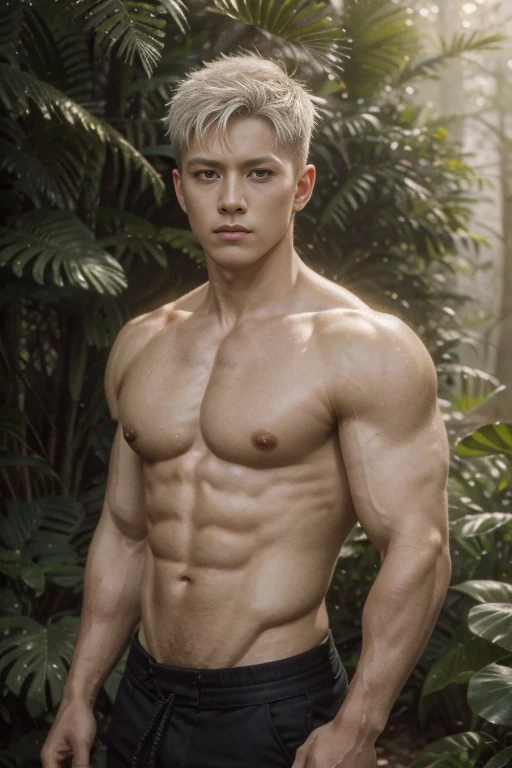 FULL full Body photorealistic 4k, high resolution, best quality, masterpiece, perfect color, perfect shade, perfect lighting, Posted by e621, ((portrait)), ((handsome man)), perfect male figure, Short hair details,chest muscles,abdominal muscles,Nakednes torso Jujutsu Kaisen Gojo Satoru, Detailed face, perfect face, (stood up), Detailed background, ((Bonifasco Lighting)), (delicate eyes),(),white hair, forest scene photo, professional movie, professional picture, ultra detailed, ultra realistic, cinematic, sharp focus