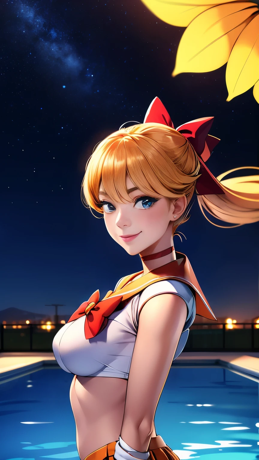 Tabletop, highest quality, High resolution, SV1, Sailor Warrior Uniforms, Orange Skirt, ミニスカートから見えるWhite panties、Bikini pants、Summer poolside、sunflower、White shorts seen from the white shorts view、Elbow Groove, Tierra, Pleated skirt, Flip up a miniskirt, White panties、Beautiful panties Beautiful camel toe、Red Bow, Orange Choker, White gloves, jewelry, Starry Sky, Cool pose, smile, Portraiture, floating, , Upper Body