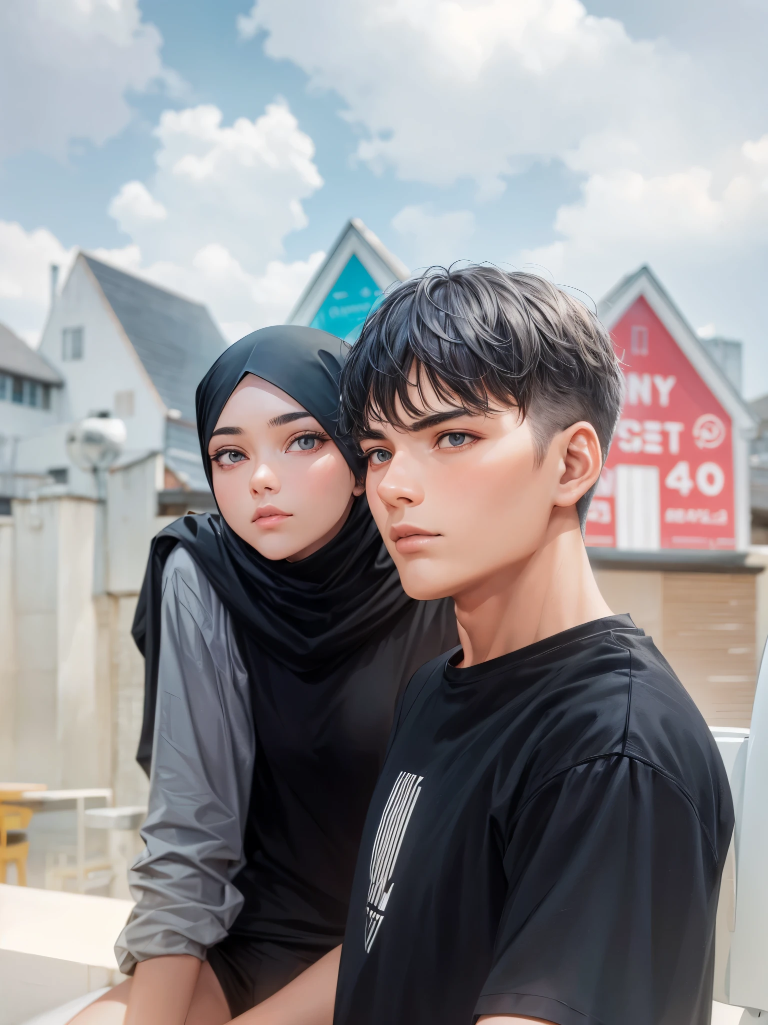 1 beautiful 20 year old girl, oval face, wearing a black hijab, wearing a gray shirt, sitting, high quality, high detail, 4k
2 20 year old men, oval face, handsome short hair, wearing black t-shirts, high quality, high detail, 4k