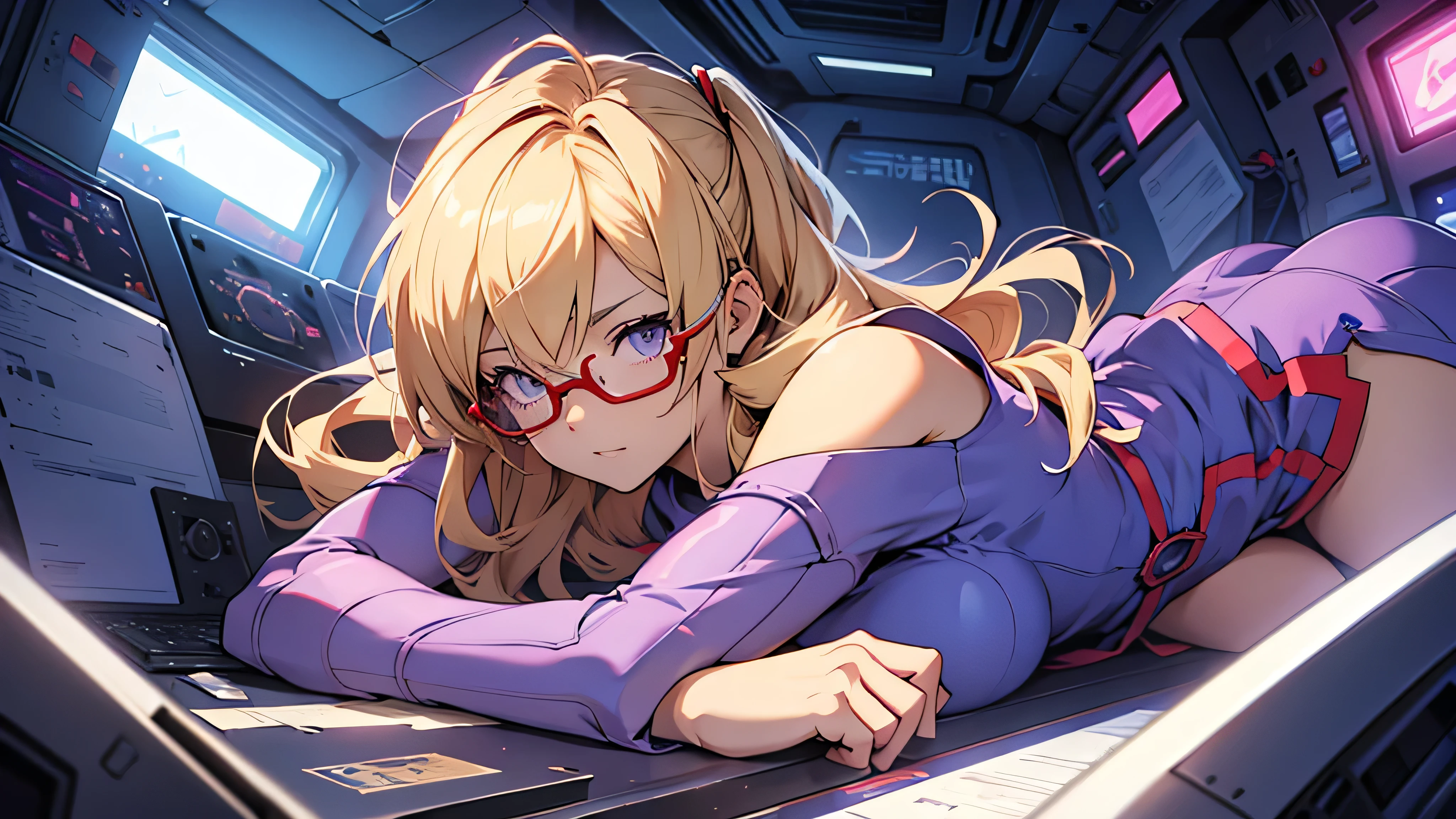 anime　An illustration　purple robot　Mobile Suit　The first one　Dom　Light blue check dress　Red glasses　Blonde　Light blue mesh　beautiful girl　Sora Sakurano　clear　one person