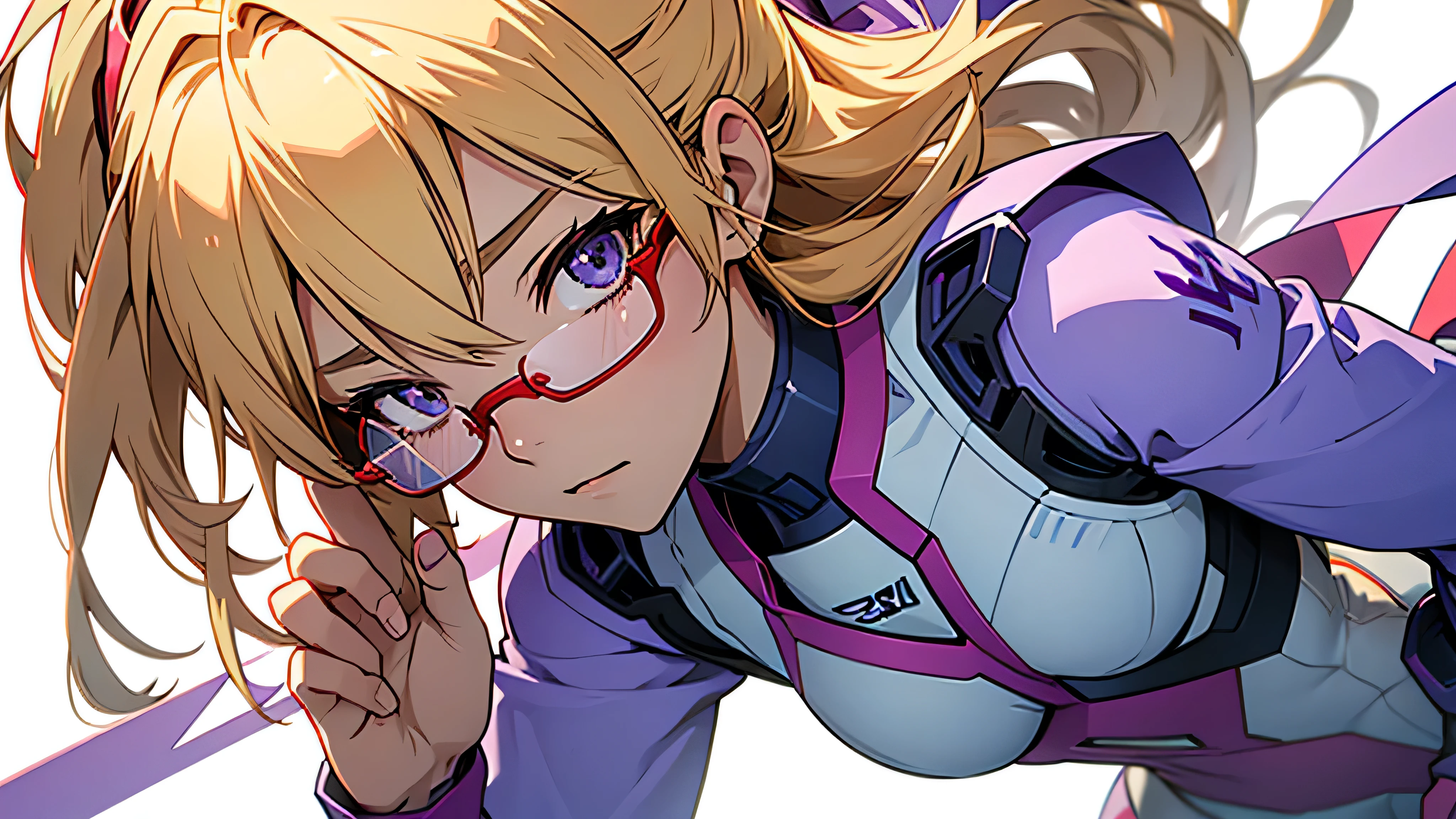 anime　An illustration　purple robot　Mobile Suit　The first one　Dom　Light blue check dress　Red glasses　Blonde　Light blue mesh　beautiful girl　Sora Sakurano　clear　one person