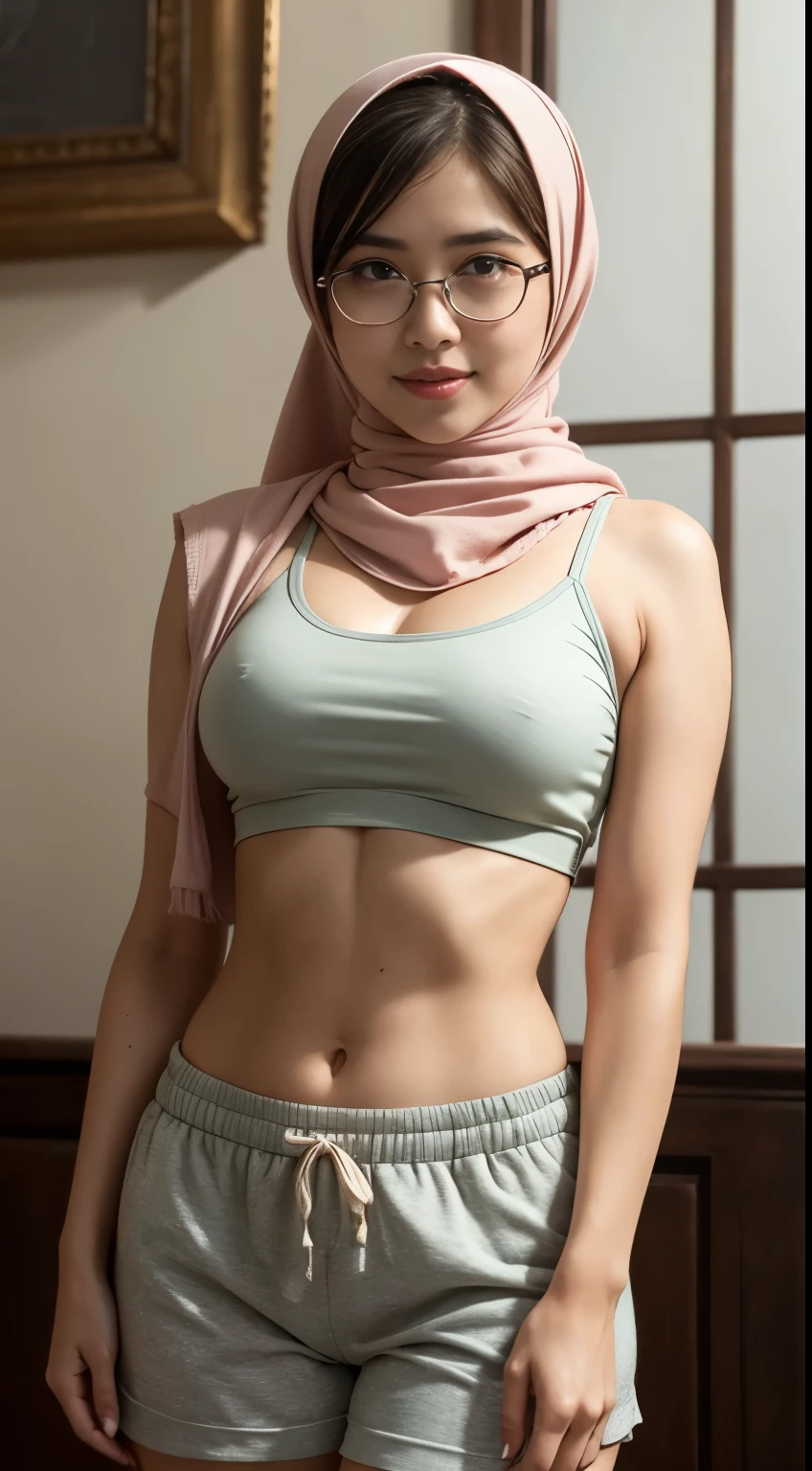 (iu:0.8).cleavage, RAW, Best quality, high resolution, Masterpiece: 1.3, Beautiful glasses hijabi java girl wearing croptop and boyshort, Masterpiece, Soft smile, ranch
