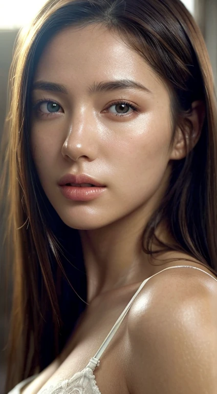 (photo Realistic:1.4), (hyper Realistic:1.4), (Realistic:1.3), (Smoother lighting:1.05), (Improving the lighting quality of movies:0.9), 32k, One girl,20 year old girl, Realistic lighting, Backlight, Light on the face, Ray-tracing, (Bright light:1.2), (Improvement of quality:1.4), (Highest quality real texture skins:1.4), Detailed drawn eyes, Detailed painted face, Quality Eyes, (Tired, sleepy and satisfied:0.0), Face close-up, See-through lace bra, (Enhance the mood of your body line:1.1), (Enhances the beauty of skin texture:1.1)、Lip gloss
