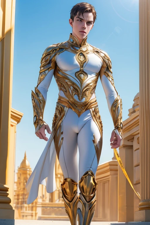 Full Body photorealistic 4k, high resolution, Nicholas Hoult as Helios, wearing white and gold biomechanical latex spandex . Sunshine is the background