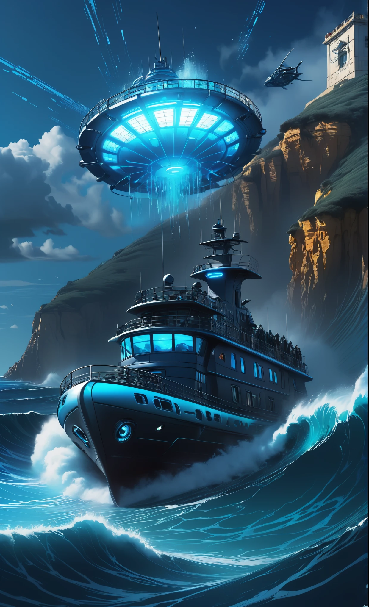 Nazare Nautica vol.2 - tourism, by Luis Duarte, Nanopunk, blue shading, Nazare style, Element Water, Mythpunk, Graphic Interface, Space Art, Sci-Fic Art, Dark Influence, NijiExpress 3D v3, Kinetic Art, Datanoshing, Oilpainting, Ink v3, Splash style, Abstract Art, Abstract Tech, Cyber Tech Elements, Futuristic, Epic style, Illustrated v3, Deco Influence, AirBrush style, drawing