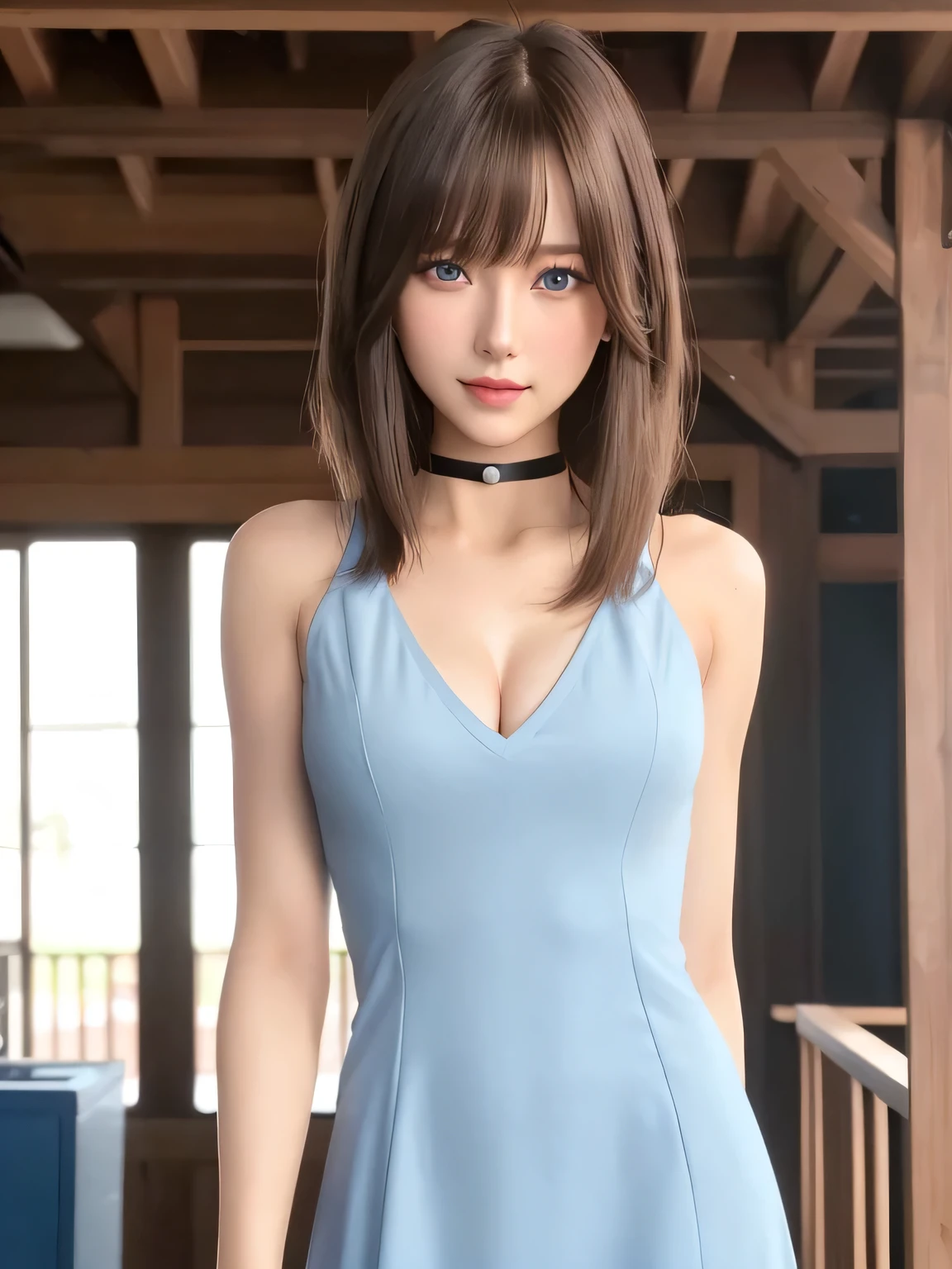 masterpiece, One girl per photo, Cowboy Shot, Front view, Young and pretty girl in Japan, Long Bob Hair, (Light blue V-neck mini dress), Super cute face, Glossy Lips, Double eyelids on both eyes, Natural Makeup, brown hair , Long Bob Hair, Asymmetrical bangs, High resolution, Attention to detail, Detailed hairstyle, Detailed face, Cinema Lighting, Octane Rendering, Ultra-realistic, Perfect limbs, Perfect Anatomy, Black choker, Blue Eyes, Big Breasts, ((Slim body:1.5)), Cool Beauty, Slim face, smile, Cleavage, Assembly hall, Fantasy World