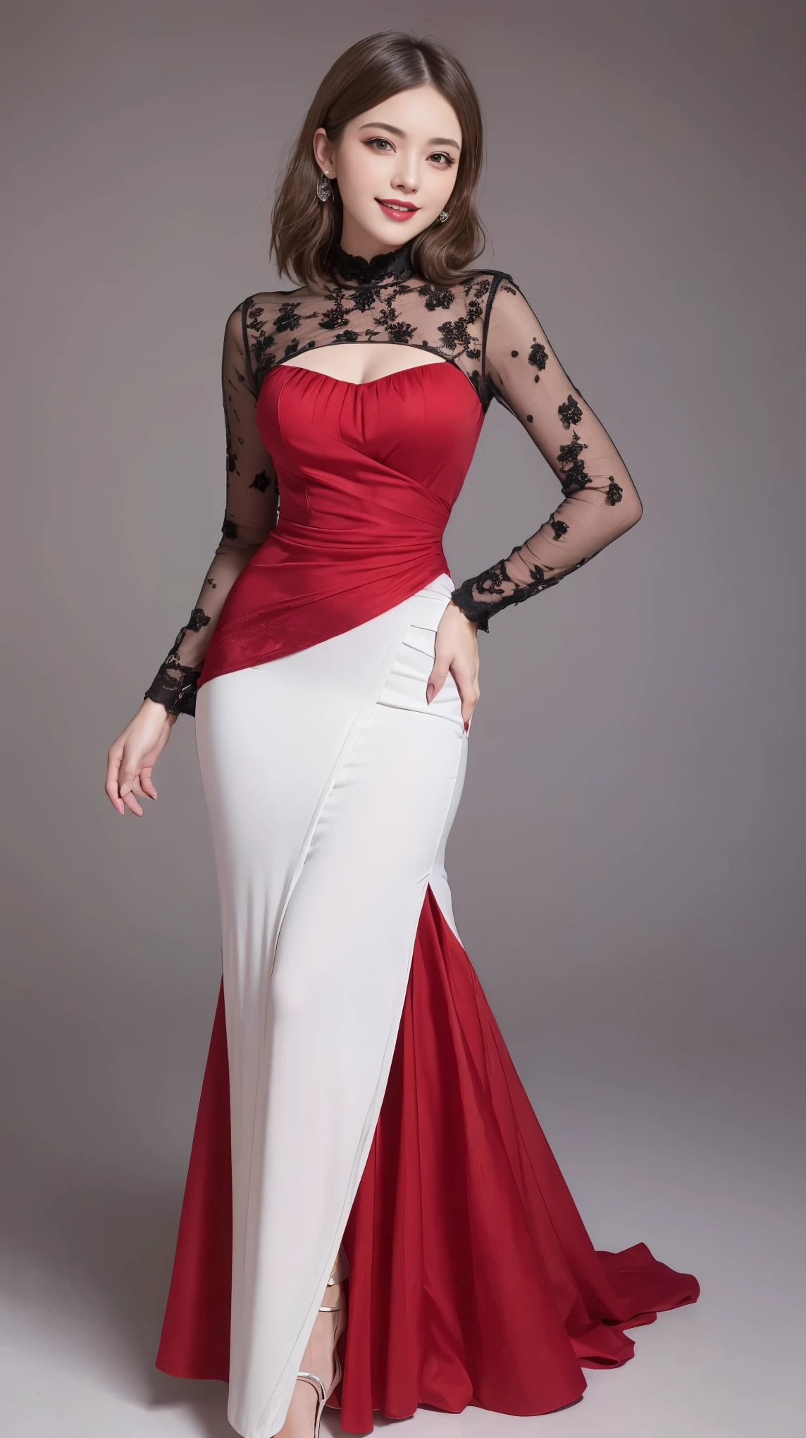 highest quality,masterpiece,Ultra-high resolution,Original photo,Ultra-high resolution,Beautiful woman 25 years old woman,British fashion in 1900,dress,Full Body,high waist,Flashy makeup using red eyeshadow,Big smile,Short cut with subtle side waves,whole body,Gray background,