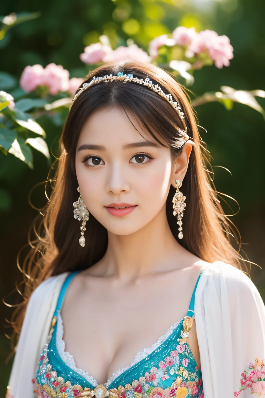 colorful, sky, flowers, magical, fantasy, tale, top-quality,Beautiful detailed hijabi,Bewitching face,tzuyu iu yooa ,long lashes,Wearing a colorful bellydancer,Detailed details,Colossal ,With cleavage, underboob, sideboob,stares at the camera, hogwarts
