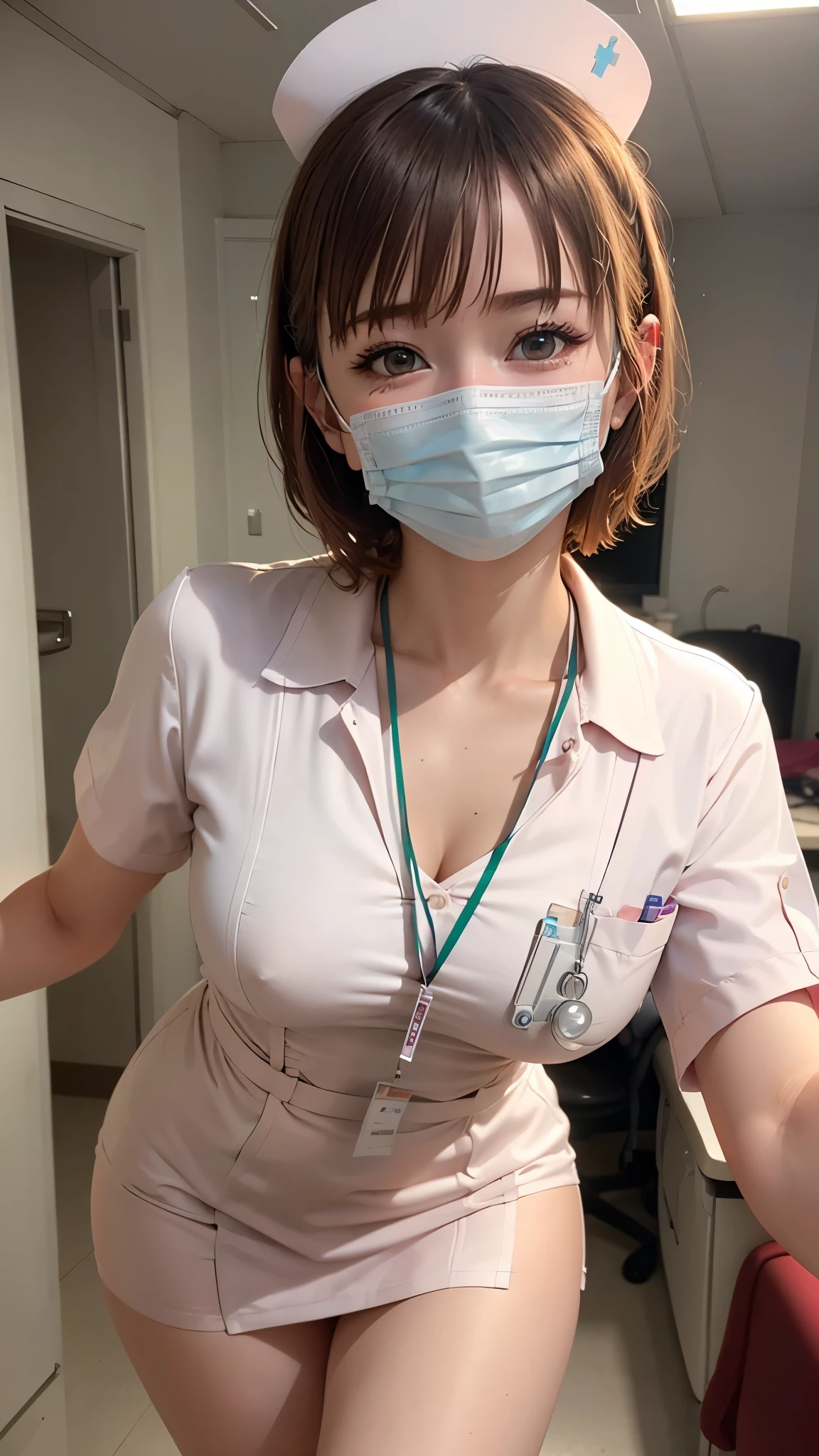 1 girl,(Wearing white nurse clothes:1.2),(RAW Photos, highest quality), (Realistic, photo-Realistic:1.4), masterpiece, Very delicate and beautiful, Very detailed, 2k wallpaper, wonderful, finely, Very detailed CG unity 8k wallpaper, Very detailed, High resolution, Soft Light, Beautiful detailed girl, Very detailed eyes and face, Beautiful and detailed nose, finely beautiful eyes, nurse, Perfect Anatomy, Black Hair, Upstyle, nurse uniform, ((mask)), mini skirt, nurse, Pink outfit, thin, hospital, clear, White Uniform, hospital room, Neck auscultation,Bobcut、front、((slouch:1.3))