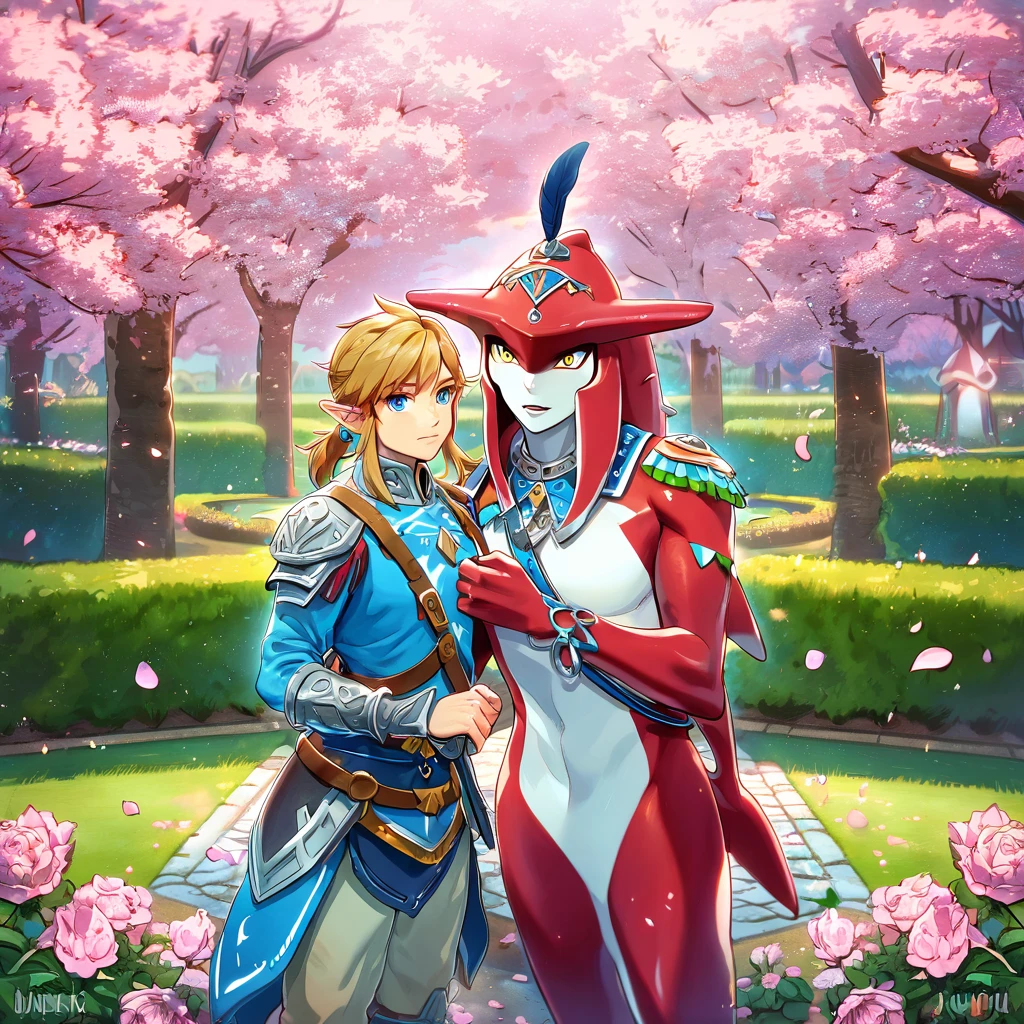 absurdres, highres, ultra detailed, HDR, master piece, best quality, perfect face, beautiful eyes, expressive yellow eyes, Prince Zora Sidon, the legend of zelda breath of the wild, Link, expressive blue eyes, gay couple, handsome, two men together, garden, petals, pink blossoms, pink butterflies