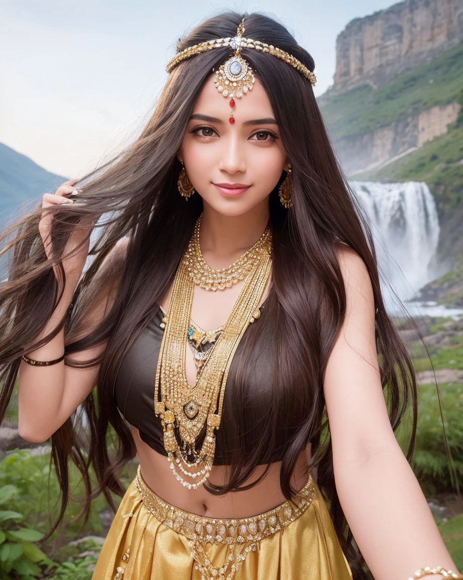 Lveautiful woman, long hair, upper body focus, indian gold chain and gemstone headpiece, forehead jewelry, matha patti and mang tikka jewelry, smiling, front looking, oudoor, waterfall and mountain landscape, mkrning atmosphere
