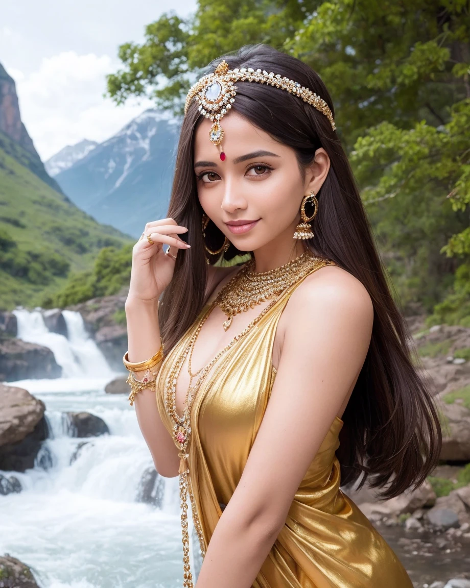 Lveautiful woman, long hair, upper body focus, indian gold chain and gemstone headpiece, forehead jewelry, matha patti and mang tikka jewelry, smiling, front looking, oudoor, waterfall and mountain landscape, mkrning atmosphere