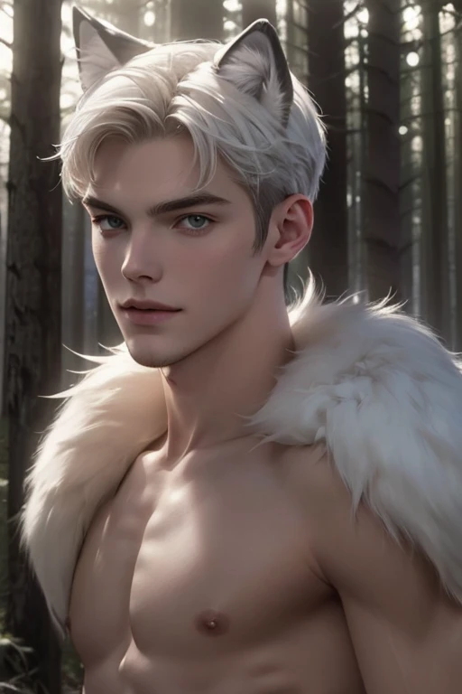 Full Body photorealistic 4k, high resolution, Nicholas Hoult,,best quality, masterpiece, perfect color, perfect shade, perfect lighting, Posted by e621, ((portrait)), ((handsome man)), perfect male figure, Short hair details,Naked and nude torso,Detailed face, perfect face, (stood up), Detailed background, ((Bonifasco Lighting)), (delicate eyes),(animal ears white wolf),((big fluffy tail)),tattoo,((forest)),emaciated. Smiling