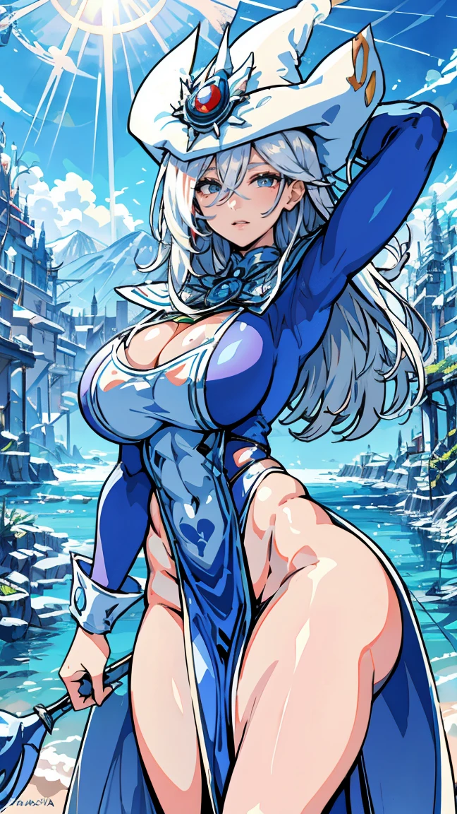 Silent magician, ropa apretada, poca piel visible, panties, thong, (( ruborizada, sonrisa)), pelo largo, cabello blanco, (( white hair)), sombrero blanco, Skinny body, chubby girl, big sagging breast , monstruo de duelo, Iparuputsua, de pie en la entrada de un castillo, magic world background, mundo medieval .