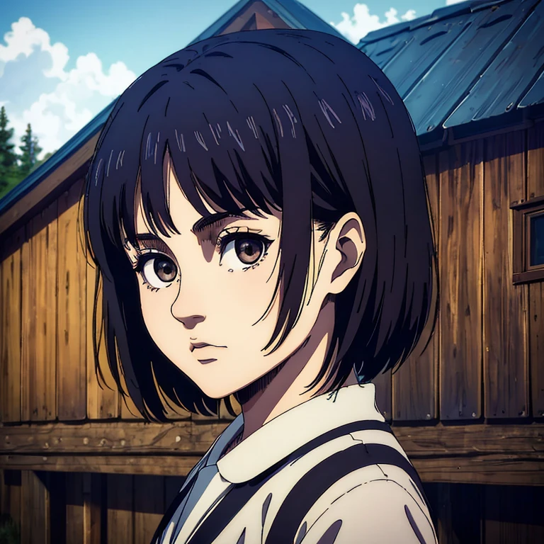 best quality, highres, masterpiece:1.2), ultra-detailed, (realistic, photorealistic, photo-realistic:1.37), 8 year old small  girl ,  Mappa art style, dark brown eyes, raven black short hair with bangs,  behind her a cabin , she is blue dress