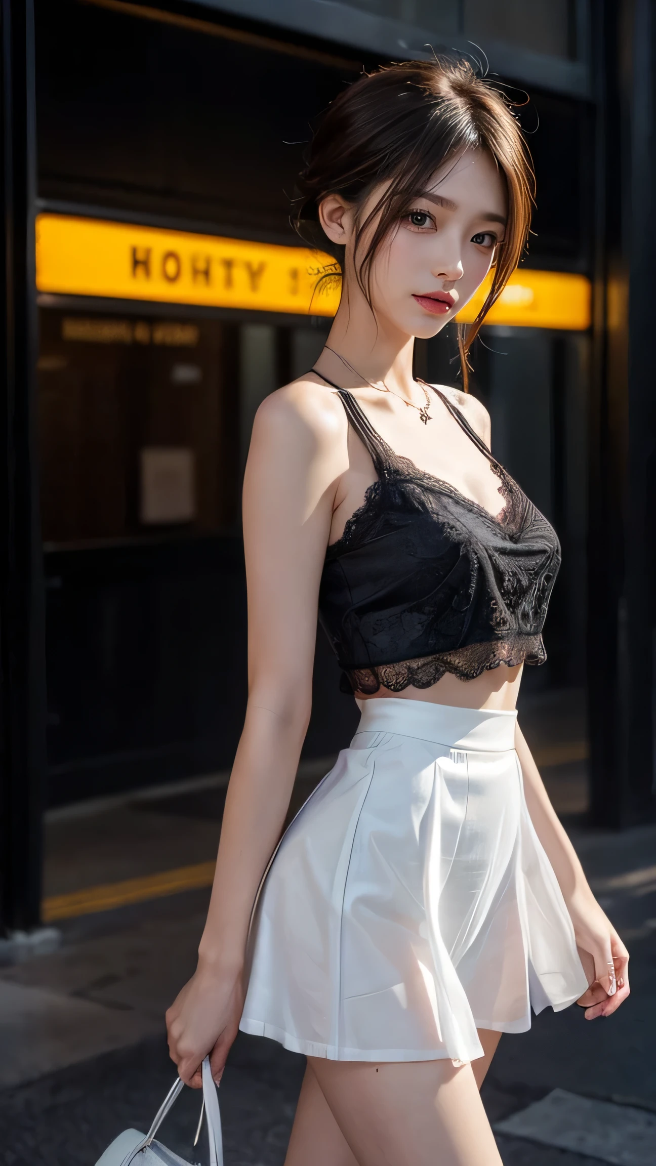 8k, masterpiece, RAW Photos, highest quality, Realistic, Highly detailed CG Unity 8k wallpaper, Depth of written boundary, Cinematic Light, Lens flare, Ray Tracing, (Very beautiful face, Beautiful Lips, Beautiful Eyes), Exquisitely detailed face, ((Highly detailed skin)) One girl, In the Dark, Deep Shadow, Cute Korean Girl, K-Pop Idols,(Very slim slender fit-muscled body:1.3), ((View your viewers)),(Big smile:1.3), (night, (Neon Signs), (Blurred Background), midnight, (No people in the background:1.3), Cute Korean Girl, White Diamond Earrings, bracelet, necklace, Clear Eyes, walking , Front shot, (Pale skin), Look forward, (Big eyes), Full Body Shot, ((See-through blouse)), (Hot pink blouse)), ((Lace skirt)), (View your viewers:1.3), Very slim, Medium chest, Hermes Bags, Tight mini skirt, Updo, short hair, Medium Butt