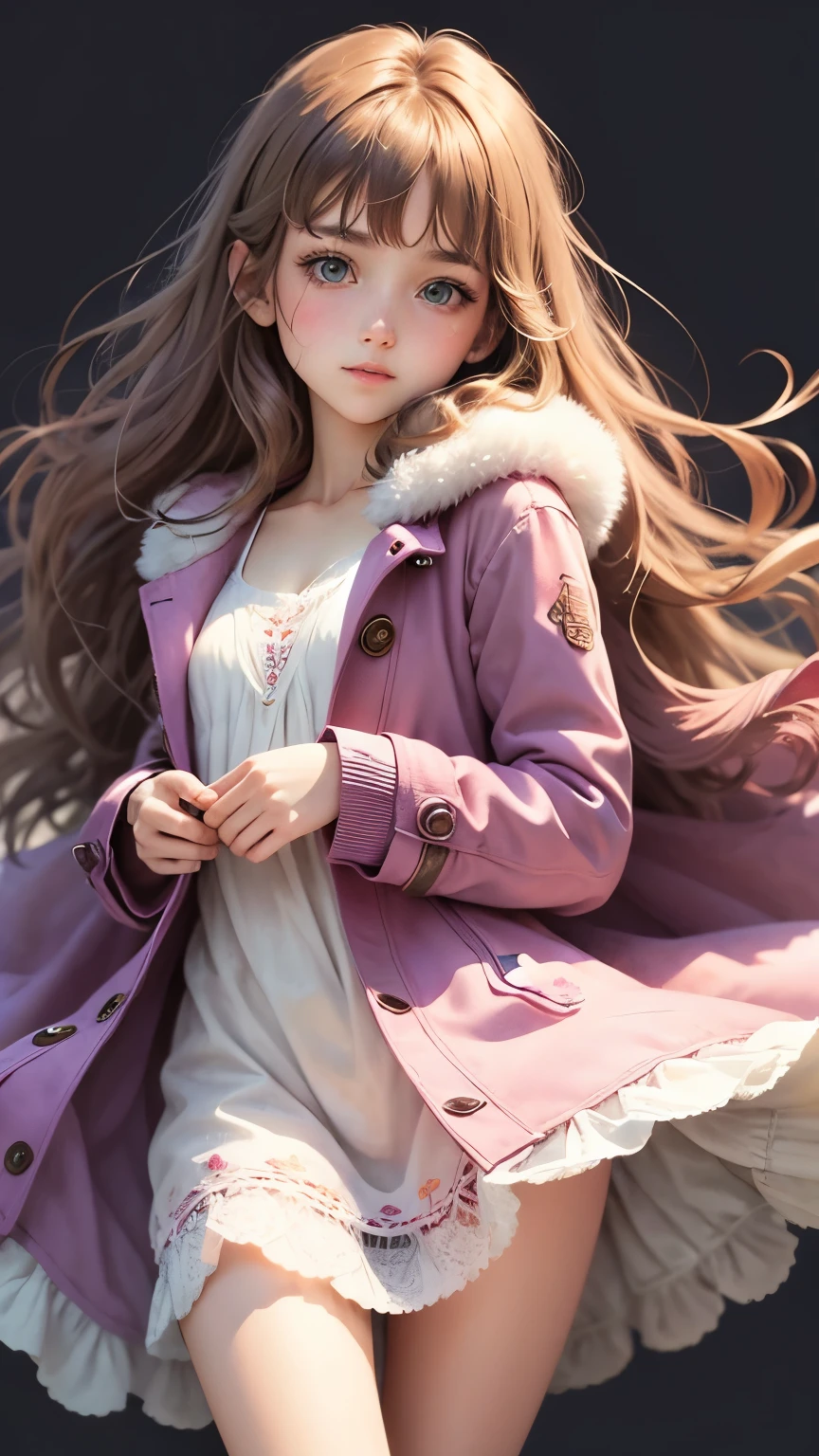 (Pieces fly),(highest quality:1.1),(Very detailed),Best illustrations,The finer details,(Portraits:1.1),(Watercolor)fluffy,1 girl,alone,,slim,(Very delicate and beautiful face),(Beautiful eyes in every detail),Pink thick lips,(Messy Hair),Soft and lazy,(Simple Background:1.2)Overall background color,Transparent parts,In 4K,Full Shot,Thin legs,The happi coat is open