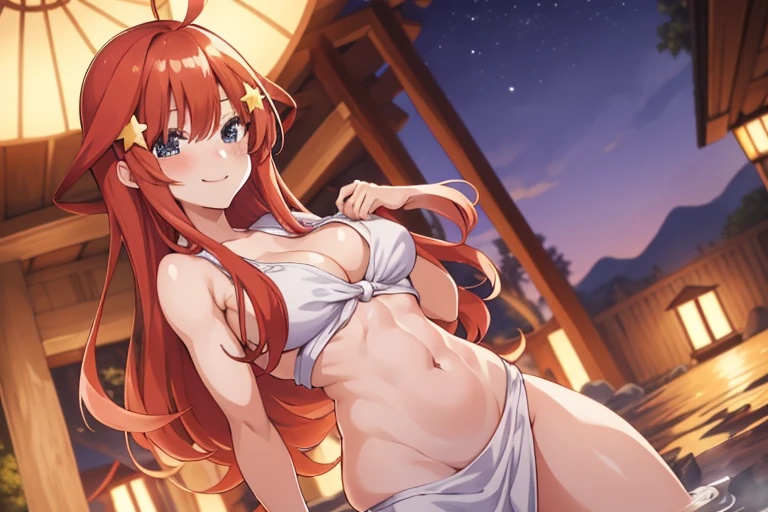 2d, masterpiece, best quality, anime, highly detailed, 5 girl, photo of 5 girl, quintuplets, nakano itsuki, red hair, long hair, star hair ornament, ahoge, large breasts, standing, onsen, open white mini yukata, outdoors, smile, abdominal, muscular, belly button 