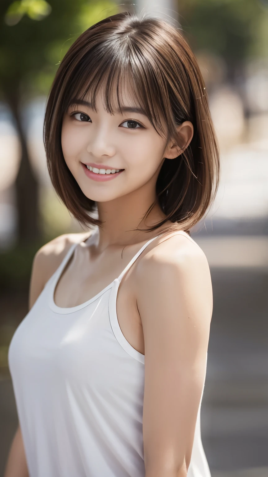 masterpiece, best quality, ultra high res, ultra detailed, sharp focus, 1girl, solo, a stunning pretty and beautiful Japanese sexy model, 19yo, looking at viewer:1.3, (bright smile:0.6), wearing a (blouse), dusk, sunset, night, realistic, slender, (standing:1.1), (looking at the viewer:1.3), sexy gaze, blush, (upper body shot:1.6), medium hair, messy hair, asymmetrical bangs, light brown hair, messy hair style, ((Pure white tank top、Hands behind head、smile、Light clothing))