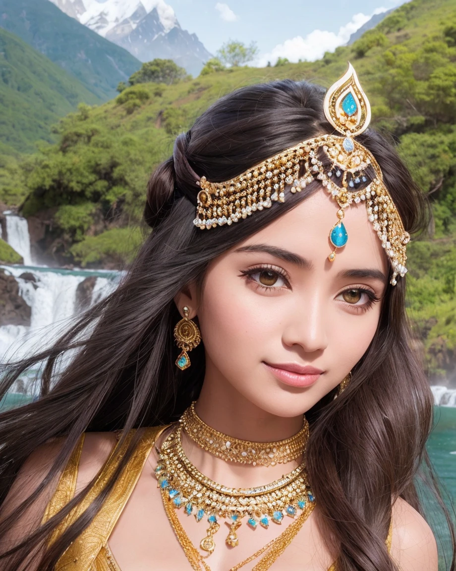 Lveautiful woman, long hair, upper body focus, indian gold chain and gemstone headpiece, forehead jewelry, matha patti and mang tikka jewelry, smiling, front looking, oudoor, waterfall and mountain landscape, mkrning atmosphere