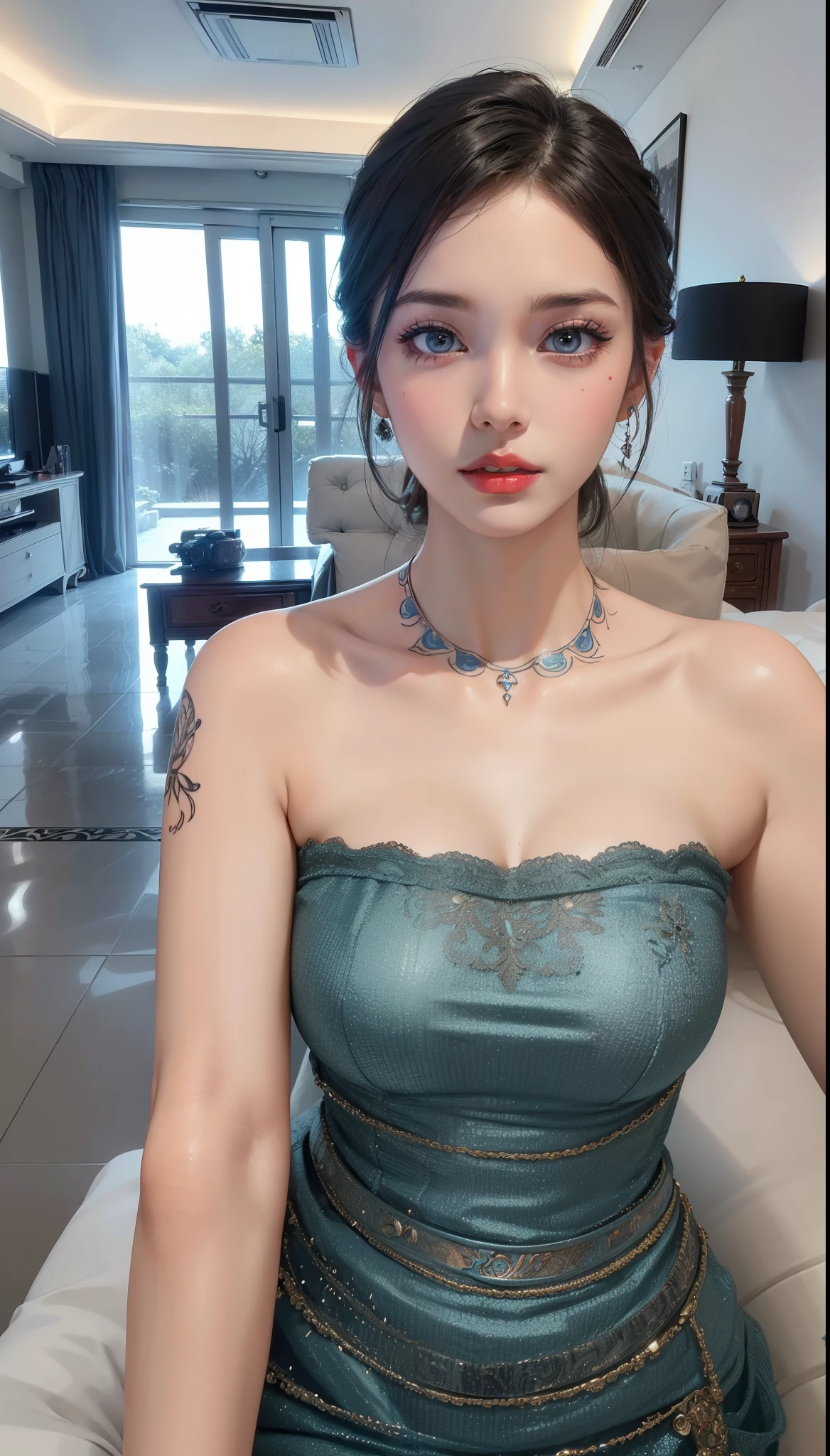 Royal princess,Super detailed, Delicate face, Film stock photography , Portrait 400, F1 Camera Lens.6, rich and colorful, Surreal, Realistic textures, Dramatic Lighting, Thin Film Distiller 800 (8k, original photo, better quality, masterpiece: 1.2), Super detailed, (Extremely delicate skin: 1.2), 8k ultra high definition, SLR camera, Soft Light, high quality,Blue pupils,Apply red lipstick,Have a tattoo,The tattoo is very three-dimensional,Gorgeous and Intricate Tattoo Designs,8k Photo,Large Breasts,Dark eyeshadow,