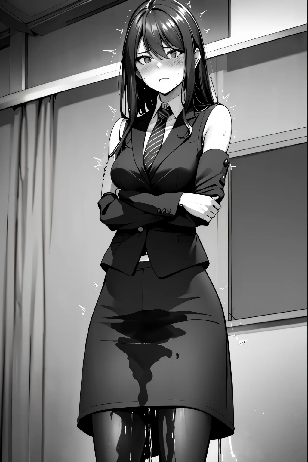 A woman with long black hair, wearing a business outfit consisting of a (suit:1.25), (pencil skirt:1.25), and pantyhose, stands in a monochrome setting. The artwork is inspired by manga and incorporates a doujin style. The woman appears to be (wetting herself:1.5), which causes her to feel embarrassed and humiliated, resulting in a blush on her face. In addition, there is an air of anger in her expression. The lighting in the scene is moody, with a spotlight highlighting the woman's figure. She is crossing her arms, (arms crossed:1.75), fully showcasing her skirt., medium breasts