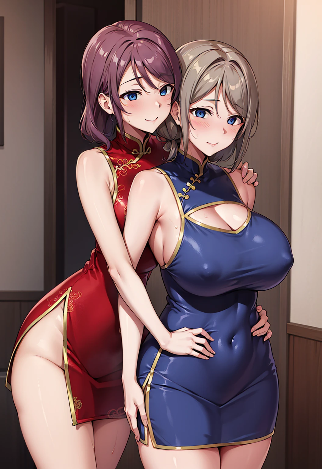 2 girls, hug,Mr.. Watanabe, blue eyes,Big Breasts, China dress, Sleeveless,Red face,Glossless hair,Bent body