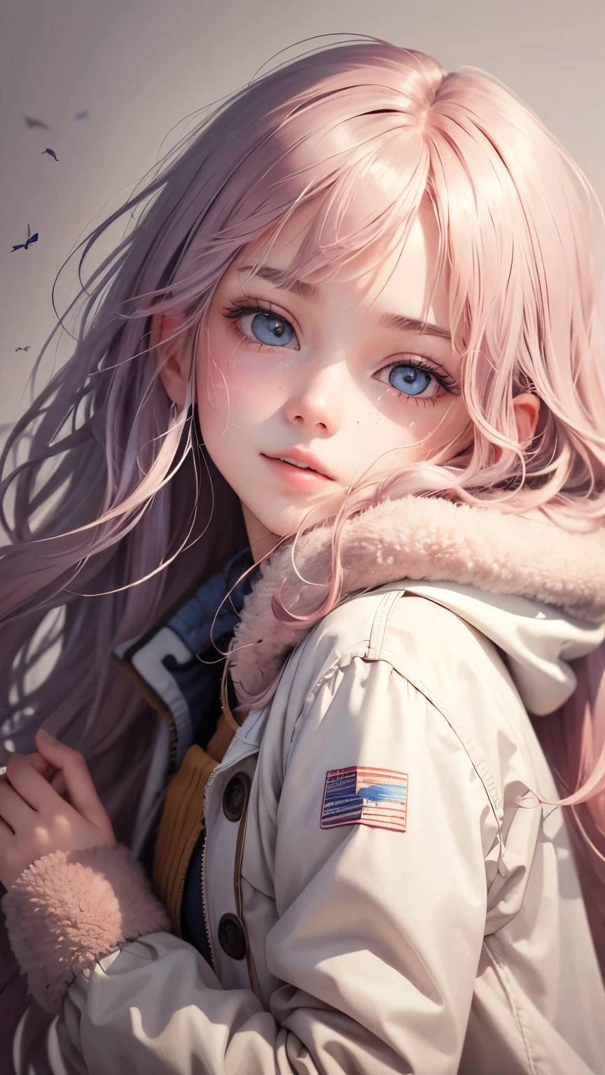 (Pieces fly),(highest quality:1.1),(Very detailed),Best illustrations,The finer details,(Portraits:1.1),(Watercolor)fluffy,1 girl,alone,13 years old,slim,(Very delicate and beautiful face),(Beautiful eyes in every detail),Pink thick lips,(Messy Hair),Soft and lazy,(Simple Background:1.2)Overall background color,Transparent parts,In 4K,Full Shot,Thin legs,The happi coat is open