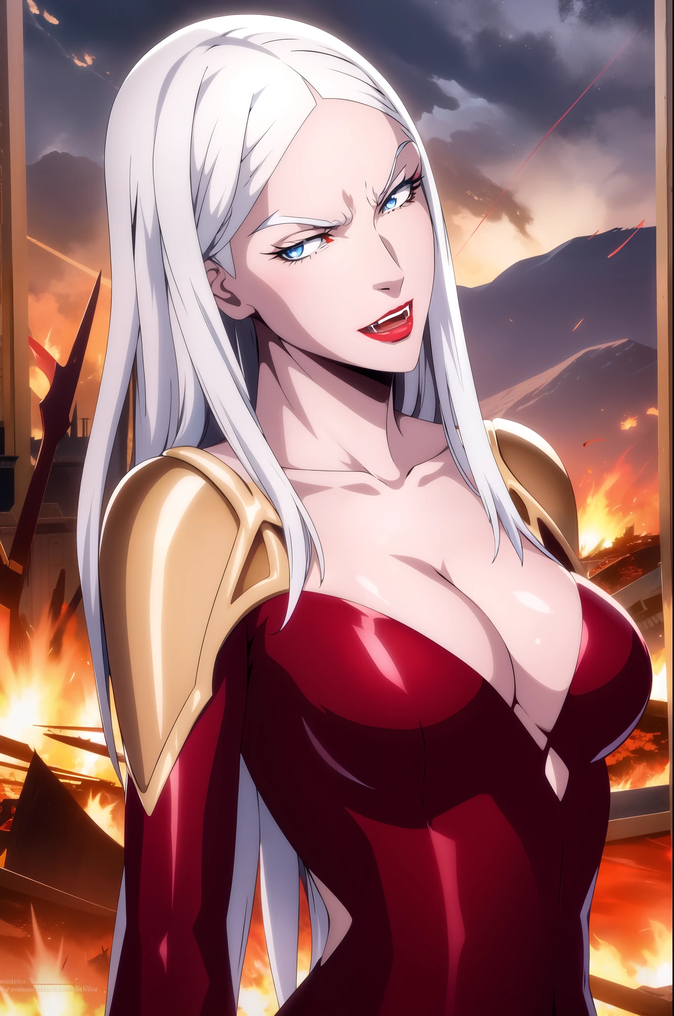 carmilla medium breasts, white hair, beautiful face, blue eyes, red lipstick, (masterpiece:1.2), best quality, absurdres, highres, extremely detailed wallpaper, perfect lighting, fangs, fangs, outdoor, warzone, frontlines, destroyed buildings, chaos, smoke, explosion, debris, full moon, moonlit, city, angry, dynamic action pose, looking at viewer