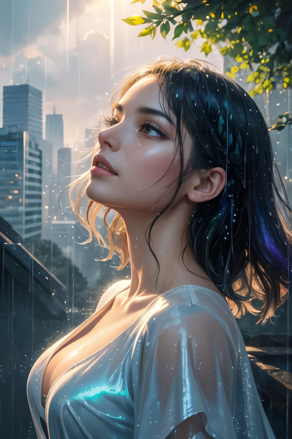 fusion of watercolor and oil painting, best quality, super fine, 16k, incredibly absurdres, extremely detailed, delicate, flashy and dynamic depiction, Iridescent rain pouring down, water splashing, sunlight spilling through the gaps in the clouds, a beautiful soaking wet woman looking up, background a city, a forest, a hill