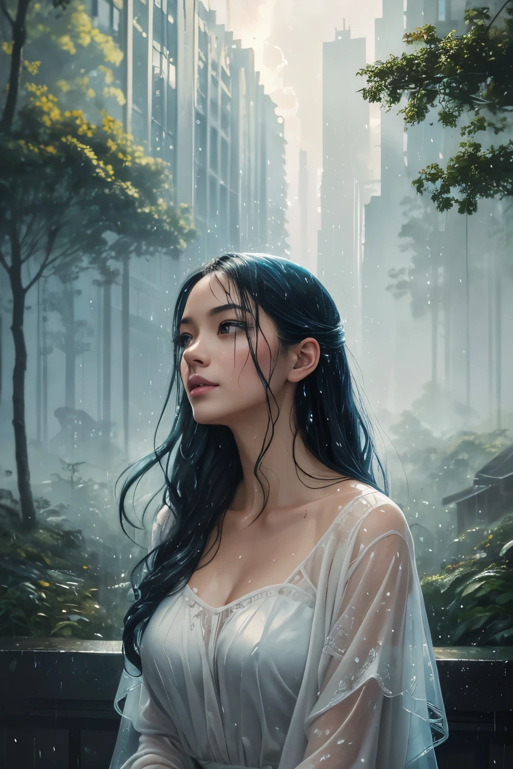 fusion of watercolor and oil painting, best quality, super fine, 16k, incredibly absurdres, extremely detailed, delicate, flashy and dynamic depiction, Iridescent rain pouring down, water splashing, sunlight spilling through the gaps in the clouds, a beautiful soaking wet woman looking up, background a city, a forest, a hill