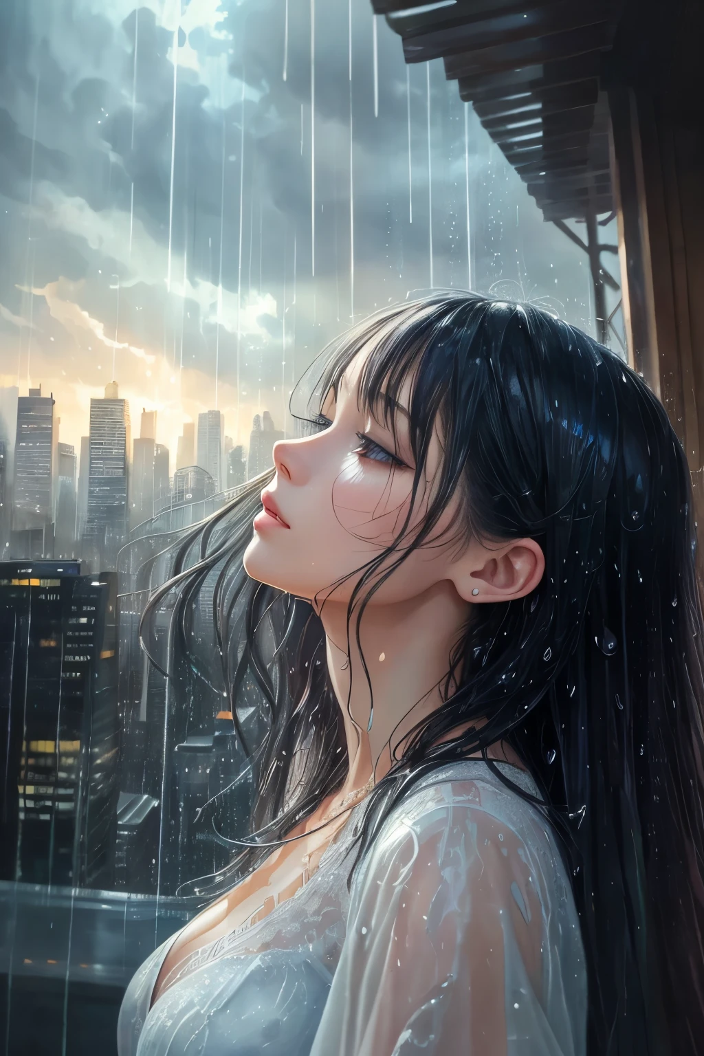 fusion of watercolor and oil painting, best quality, super fine, 16k, incredibly absurdres, extremely detailed, delicate, flashy and dynamic depiction, Iridescent rain pouring down, water splashing, sunlight spilling through the gaps in the clouds, a beautiful soaking wet woman looking up, background a city, a forest, a hill