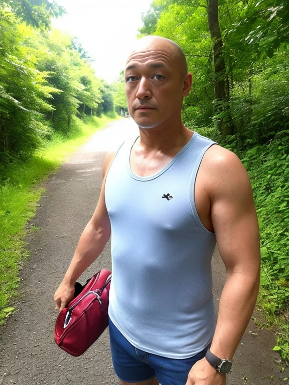 Japan Ga Done,Cowboy Shot, 1 person,On the forest path,dark,evening, Front view, (Looking at the audience,male性、male,bald,Japanese,Tank top, bottomless, Sweat vapor,Embarrassing,standing),No women,nsfw