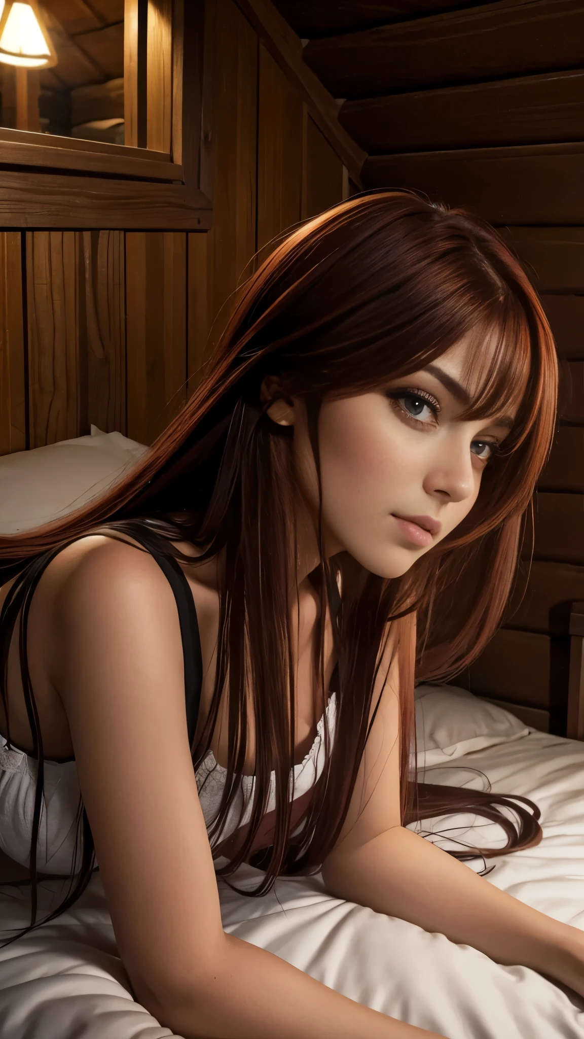 Mujer hermosa pelirroja con ojos marrones y cabello largo con ropa interior negra senxual, on a bed inside a cabin in the forest daring night photo session