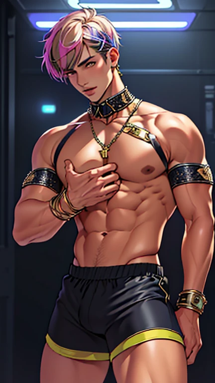 (masterpiece, top quality, Best quality, official art, beautiful and aesthetic:1.2), BOY, legs spread,Bare legs, handsome, (perfect face), shiny skin, HDR, cantoella, very detailed dress, detailed background, detailed body , cute, slutty, seductive, erotic, (((NFV))), revealing clothes, ((rave mini shorts with a big bulging codpiece