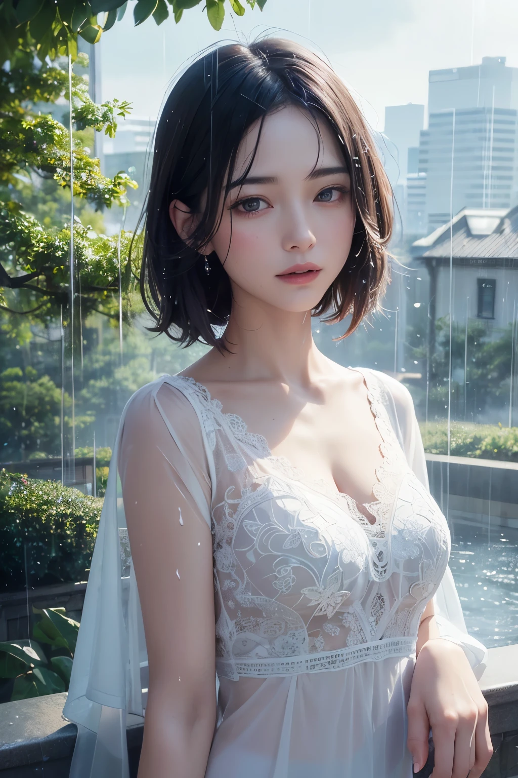 fusion of watercolor and oil painting, best quality, super fine, 16k, incredibly absurdres, extremely detailed, delicate, flashy and dynamic depiction, Iridescent rain pouring down, water splashing, sunlight spilling through the gaps in the clouds, a beautiful soaking wet woman looking up, background a city, a forest, a hill