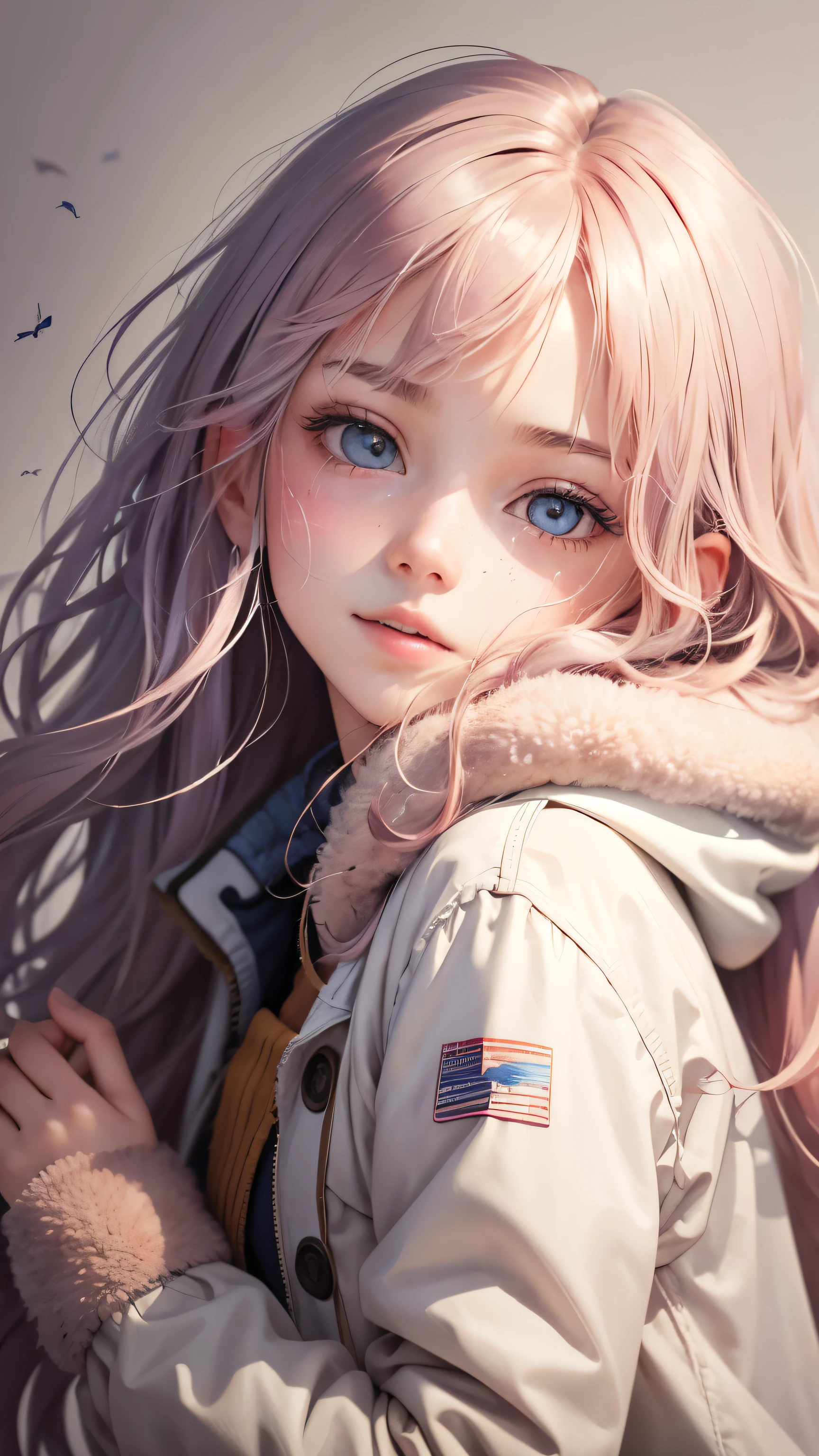 (Pieces fly),(highest quality:1.1),(Very detailed),Best illustrations,The finer details,(Portraits:1.1),(Watercolor)fluffy,1 girl,alone,13 years old,slim,(Very delicate and beautiful face),(Beautiful eyes in every detail),Pink thick lips,(Messy Hair),Soft and lazy,(Simple Background:1.2)Overall background color,Transparent parts,In 4K,Full Shot,Thin legs,The happi coat is open