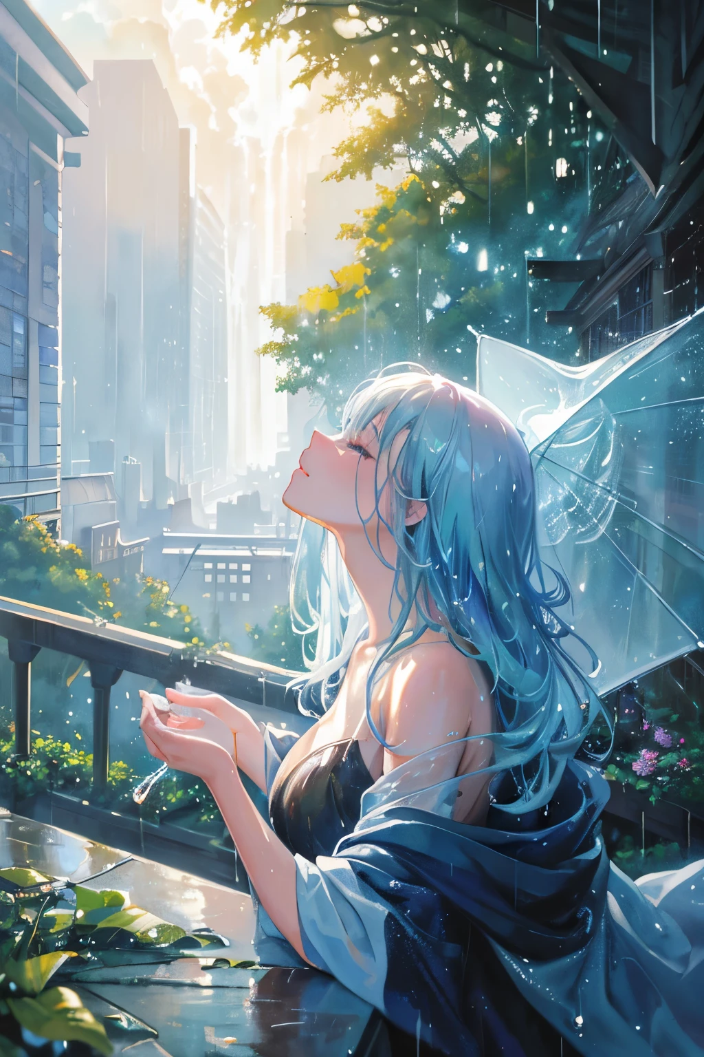 fusion of watercolor and oil painting, best quality, super fine, 16k, incredibly absurdres, extremely detailed, delicate, flashy and dynamic depiction, Iridescent rain pouring down, water splashing, sunlight spilling through the gaps in the clouds, a beautiful soaking wet woman looking up, background a city, a forest, a hill