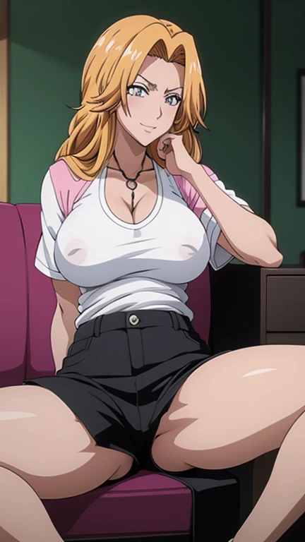 Matsumoto rangiku, busty body, black shorts, White Sneakers, big breasts, wide hips, detailed face, high facial detail, high quality, 1 woman, sexy, looking on viewer, smiling, nipples, shy, nude breasts, hand in shorts, sitting on red sofa, spread legs