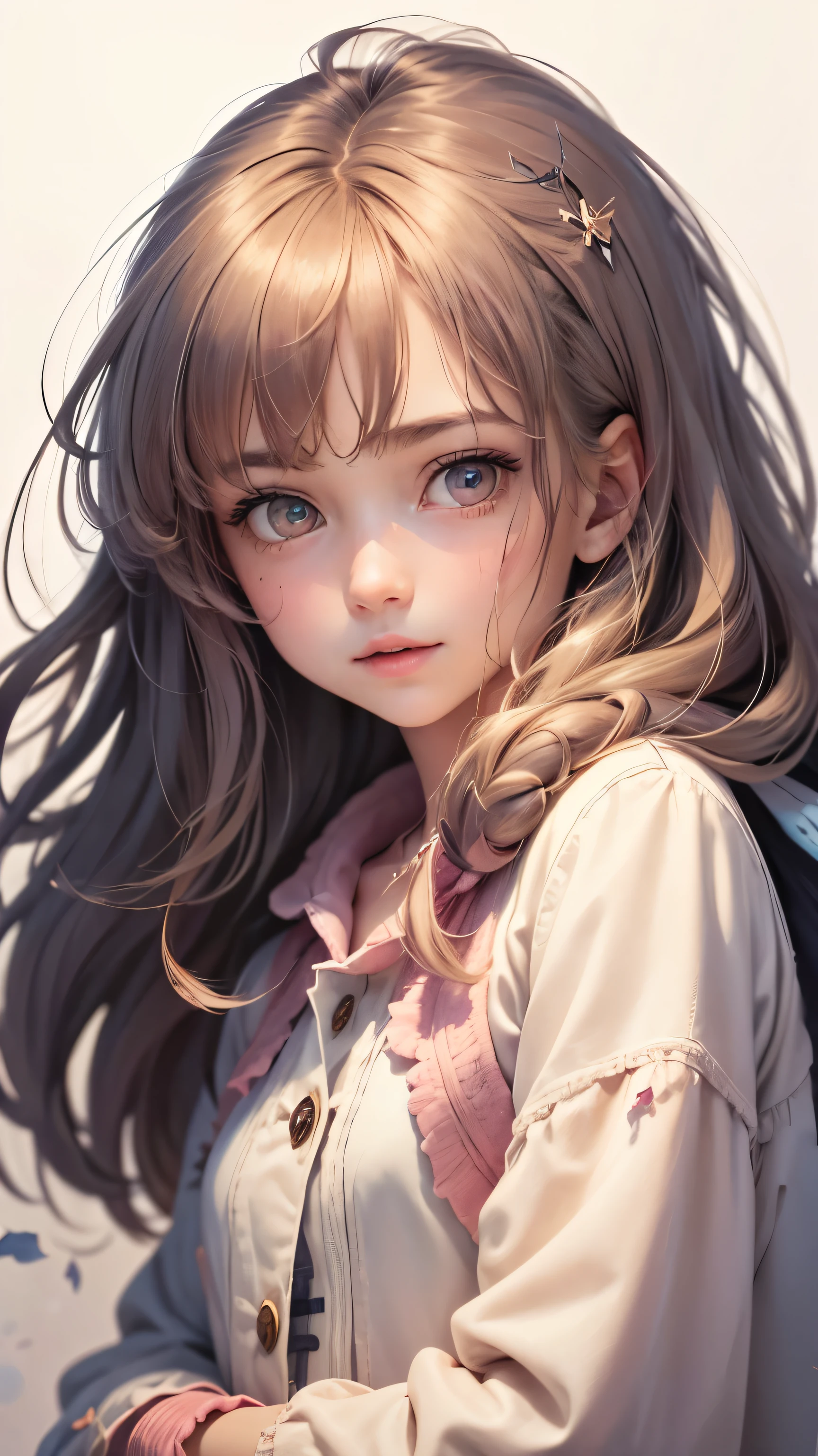 (Pieces fly),(highest quality:1.1),(Very detailed),Best illustrations,The finer details,(Portraits:1.1),(Watercolor)fluffy,1 girl,alone,13 years old,slim,(Very delicate and beautiful face),(Beautiful eyes in every detail),Pink thick lips,(Messy Hair),Soft and lazy,(Simple Background:1.2)Overall background color,Transparent parts,In 4K,Full Shot,Thin legs,The happi coat is open