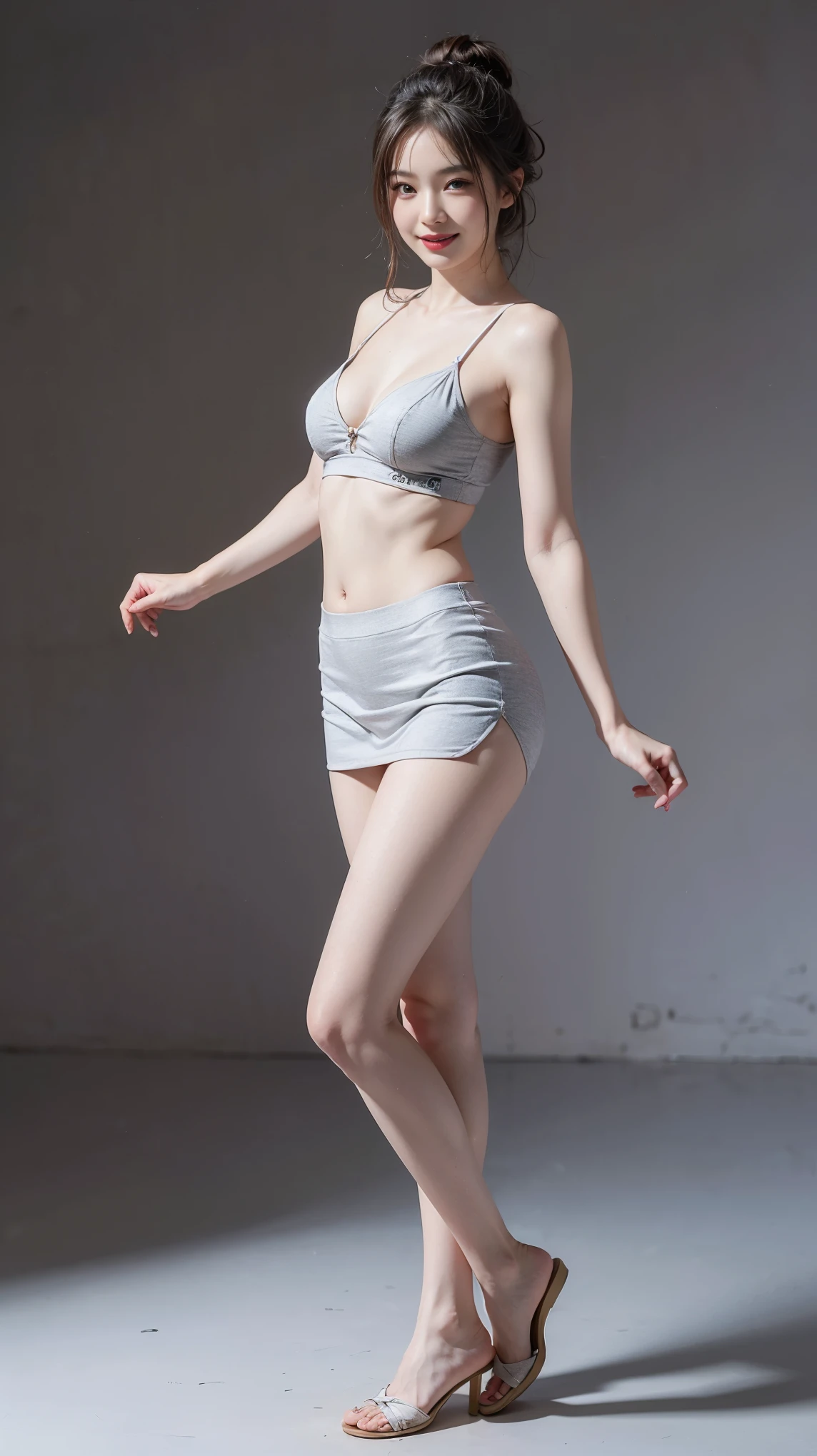 highest quality,masterpiece,Ultra-high resolution,Original photo,Ultra-high resolution,Beautiful woman 25 years old,Ultra mini skirt,Clothing from the Heisei era in Japan,Long legs:1.5,Full Body,Flashy makeup using red eyeshadow,Big smile,Short cut with subtle side waves,whole body,Gray background,White bra,White panties