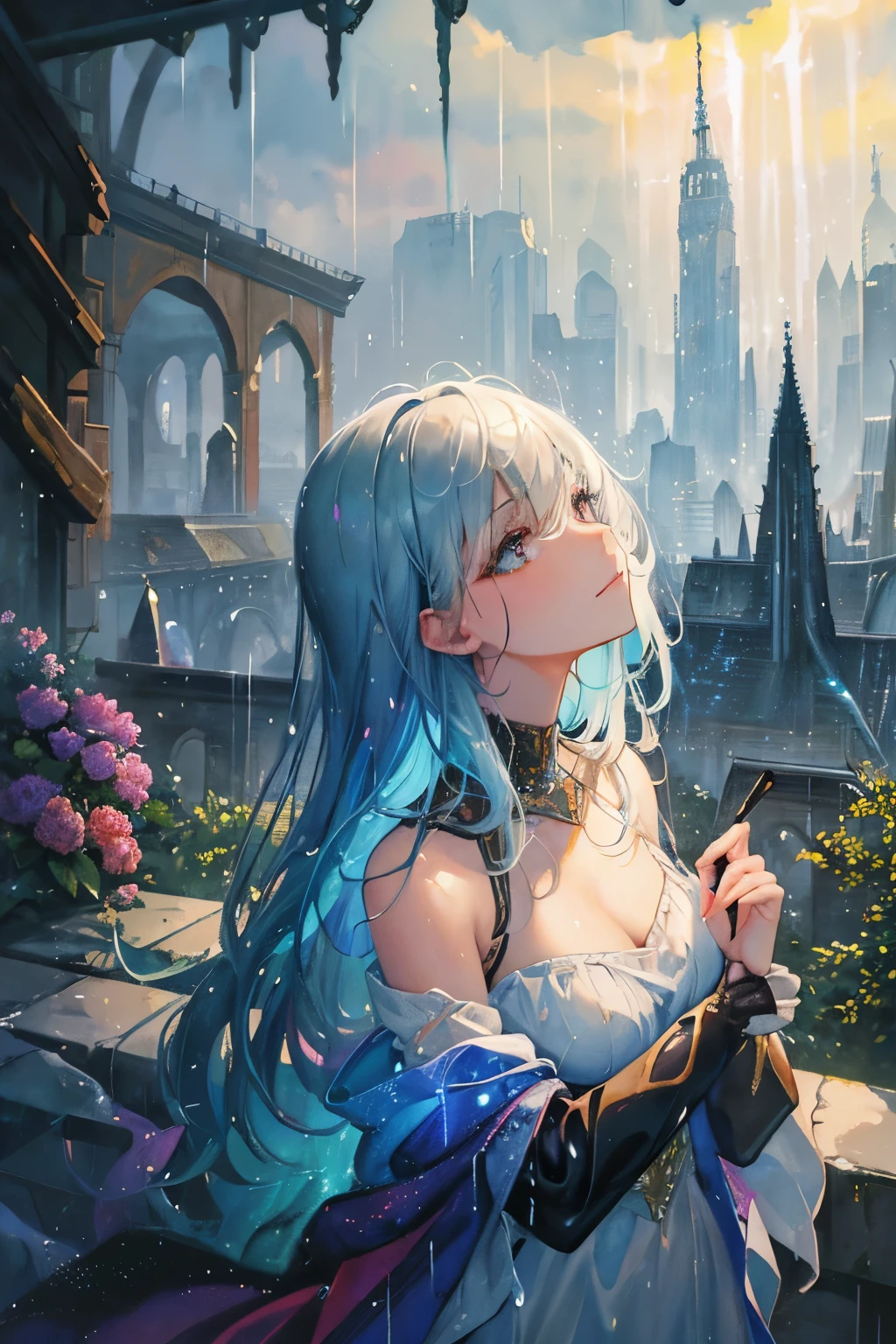 fusion of watercolor and oil painting, best quality, super fine, 16k, incredibly absurdres, extremely detailed, delicate, flashy and dynamic depiction, Iridescent rain pouring down, water splashing, sunlight spilling through the gaps in the clouds, a beautiful soaking wet woman looking up, background a city, a forest, a hill