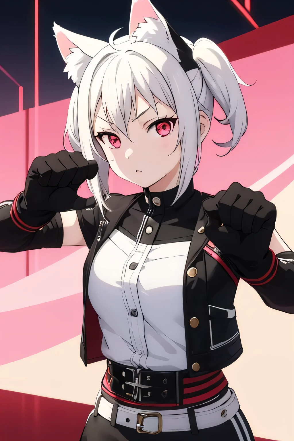 Young girl cream body color short white hair color with cat ears and a serious expression on her lips with her fists down but closed with fighting girl gloves red color with some black edges de fondo la luna de color rojo cayendo como pizcas de cosas Rojas