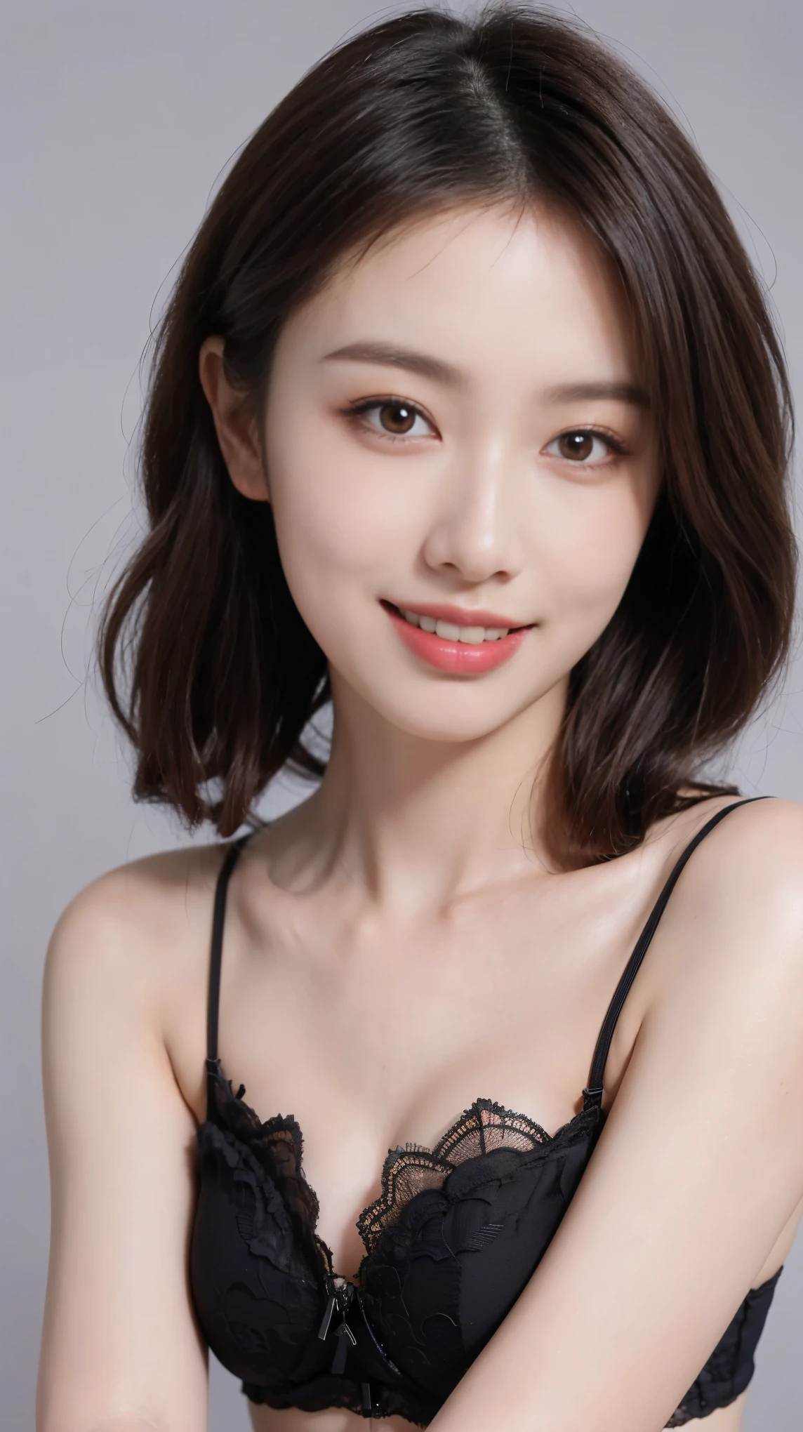 highest quality,masterpiece,Ultra-high resolution,Original photo,Ultra-high resolution，Three beautiful women，Flashy makeup using red eyeshadow，Big smile，Short cut with subtle side waves，Bra worn，Gray background，