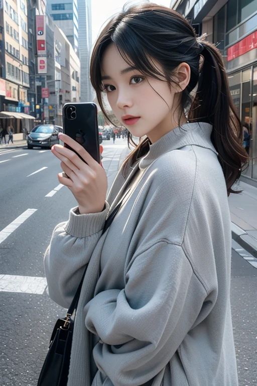 (8k:1.27), highest quality, masterpiece, Ultra - High Resolution:1.2) beautiful日本人女性の写真 (beautiful:1.1)A woman looking at her smartphone in the city Poor posture