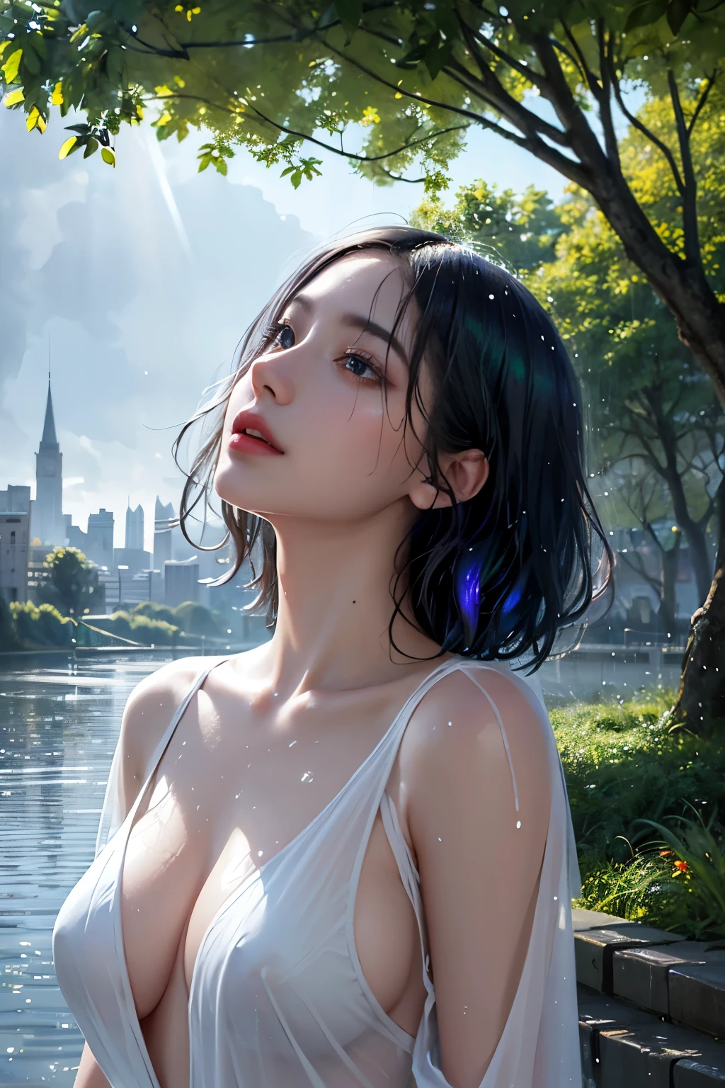fusion of watercolor and oil painting, best quality, super fine, 16k, incredibly absurdres, extremely detailed, delicate, flashy and dynamic depiction, Iridescent rain pouring down, water splashing, sunlight spilling through the gaps in the clouds, a beautiful soaking wet woman looking up, background a city, a forest, a hill