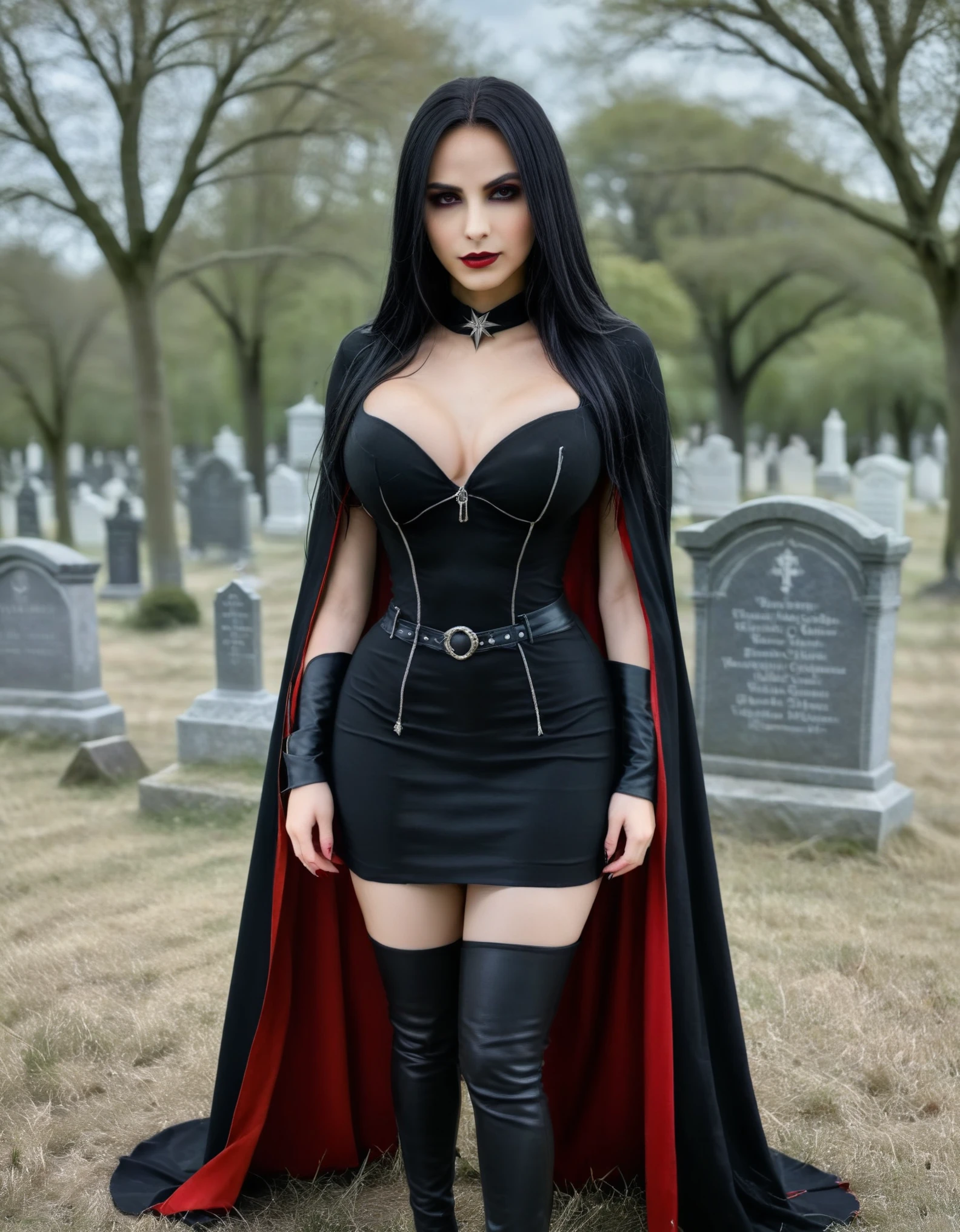 gothic girl in a cemetery with a red cape and black dress, gothic maiden anime girl, beautiful vampire queen, vampire girl, beautiful vampire female queen, gothic maiden of the dark, gothic maiden, beautiful necromancer girl, vampire queen, beautiful girl necromancer, beautiful female vampire, badass anime 8 k, beautiful necromancer, dark vampire, photo realistic, huge breasts