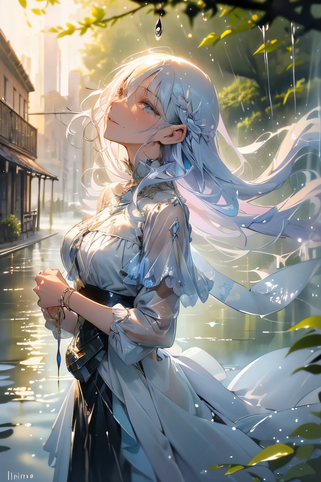 fusion of watercolor and oil painting, best quality, super fine, 16k, incredibly absurdres, extremely detailed, delicate, flashy and dynamic depiction, Iridescent rain pouring down, water splashing, sunlight spilling through the gaps in the clouds, a beautiful soaking wet woman looking up, background a city, a forest, a hill