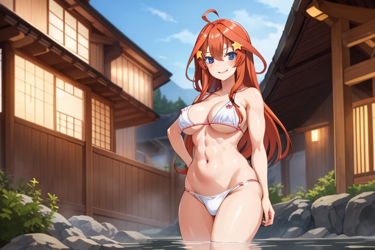 2d, masterpiece, best quality, anime, highly detailed, 5 girl, photo of 5 girl, quintuplets, nakano itsuki, red hair, long hair, star hair ornament, ahoge, large breasts, standing, onsen, open white yukata, outdoors, smile, abdominal, muscular, belly button